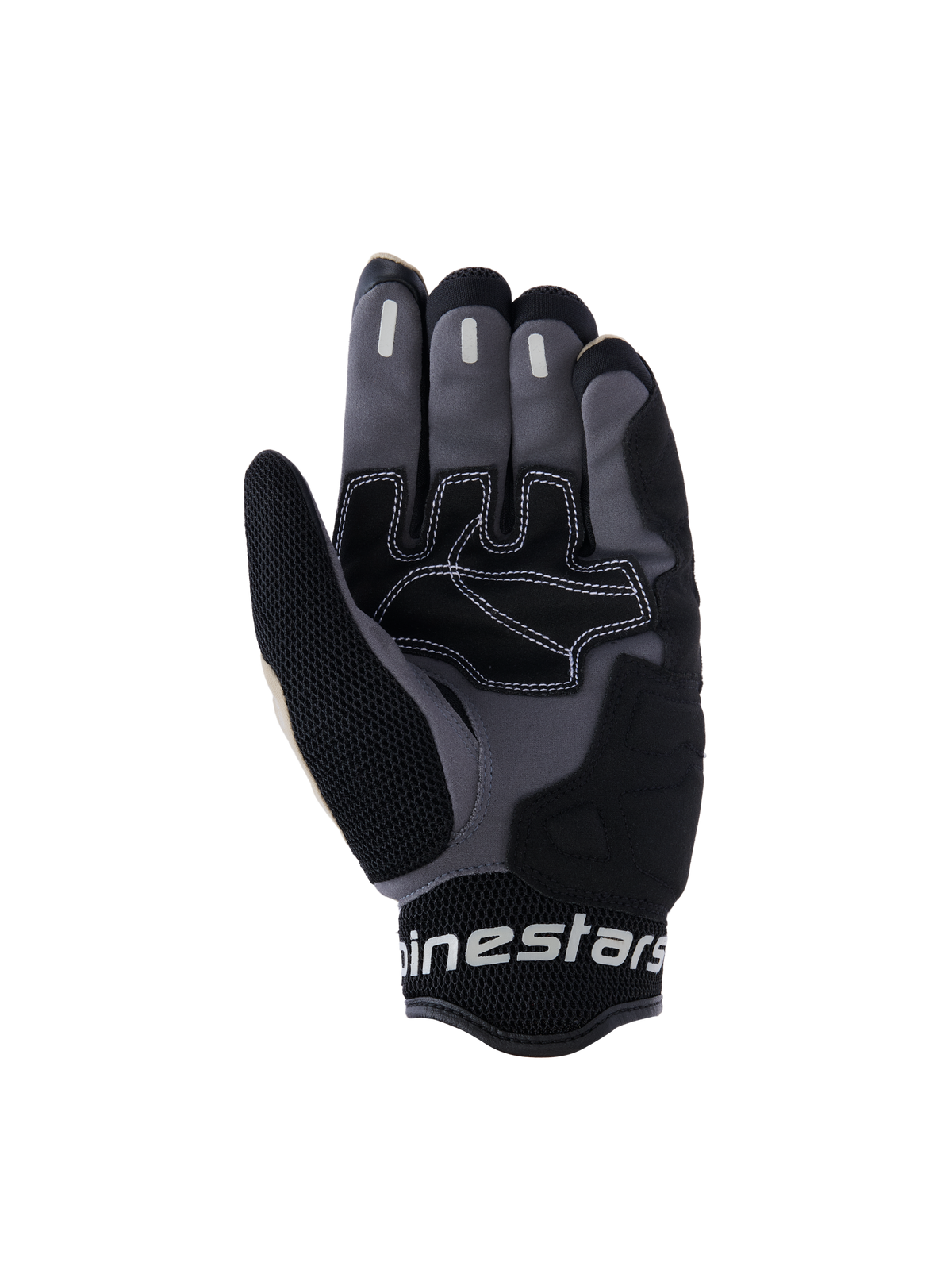 Alpinestars Mogress Airflow Gloves, Urban Motorcycle Gloves, Aluminum Black and Gray, palm view featuring synthetic reinforcements with white contrast stitching, silicone grip zones on fingers, and breathable 3D mesh cuff with white Alpinestars branding.