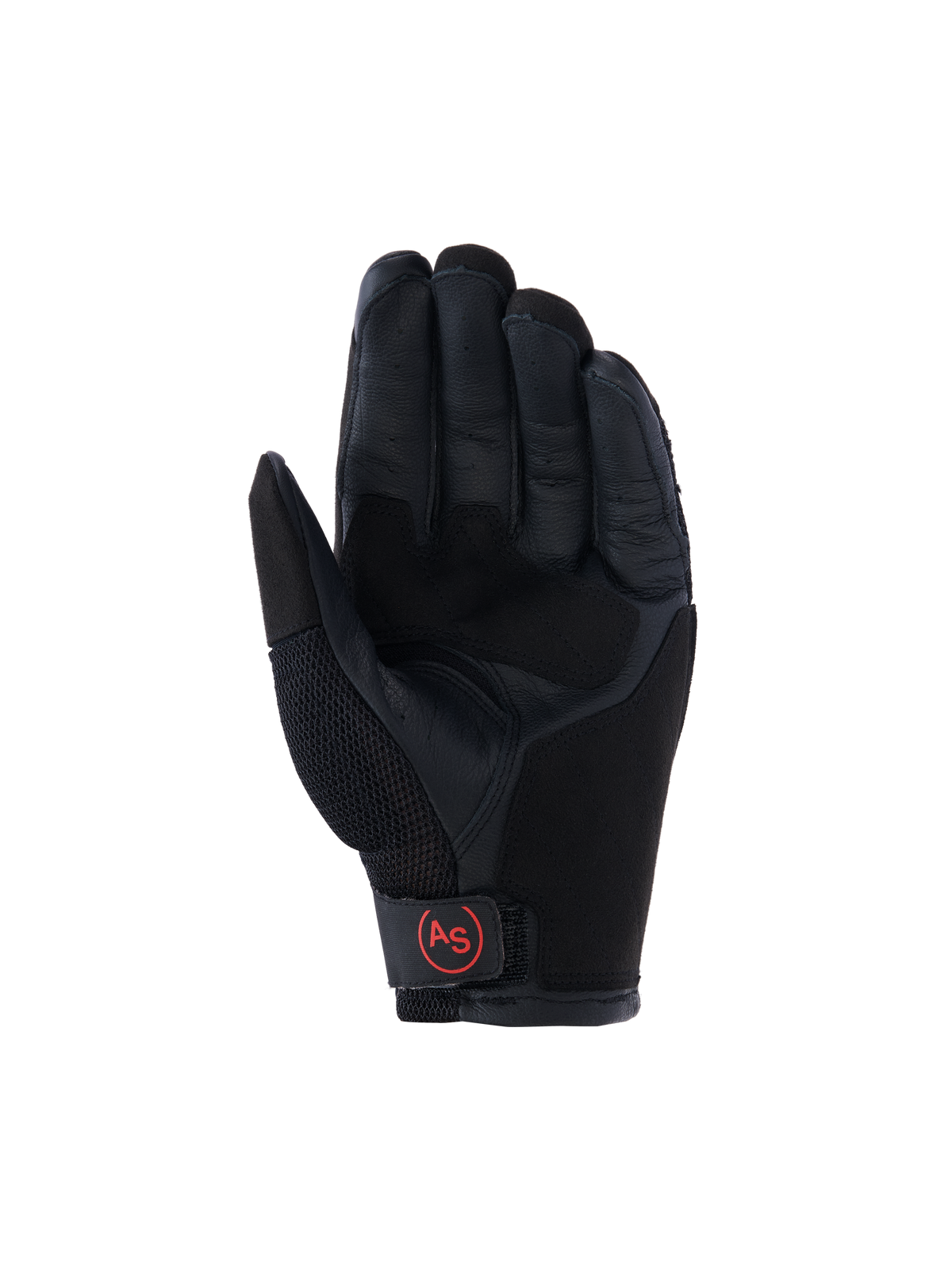Alpinestars Manti Air Handschuhe, Adventure-Motorradhandschuhe, Schwarz, Handflächenansicht mit verstärkter Lederhandfläche, atmungsaktivem Mesh am Daumen und rotem, kreisförmigem „AS“-Logo am Handgelenkverschluss.