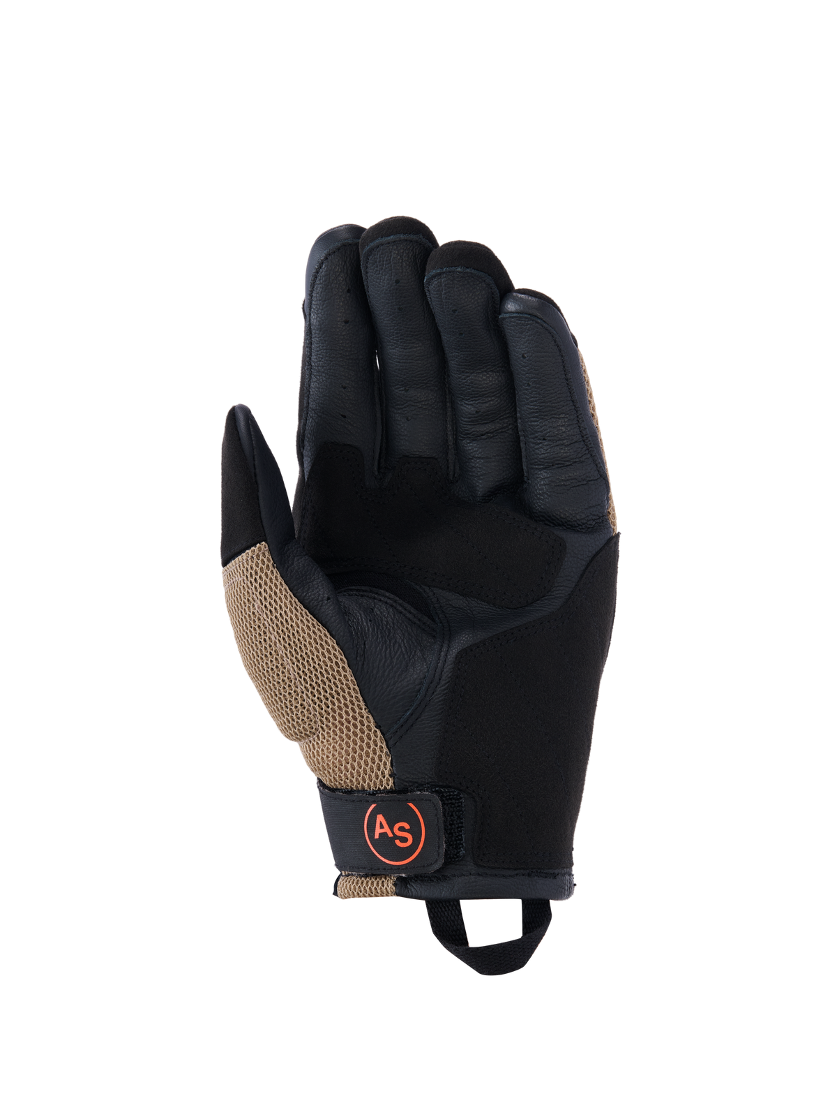 Alpinestars Manti Air Handschuhe, Motorradhandschuhe, Dunkles Khaki und Schwarz mit orangefarbenen Fluo-Akzenten, Handflächenansicht mit synthetischem Wildleder, außenliegende Nähte, atmungsaktive Mesheinsätze und schwarzer Handgelenkriemen mit kreisförmigem orangefarbenem AS-Logo.