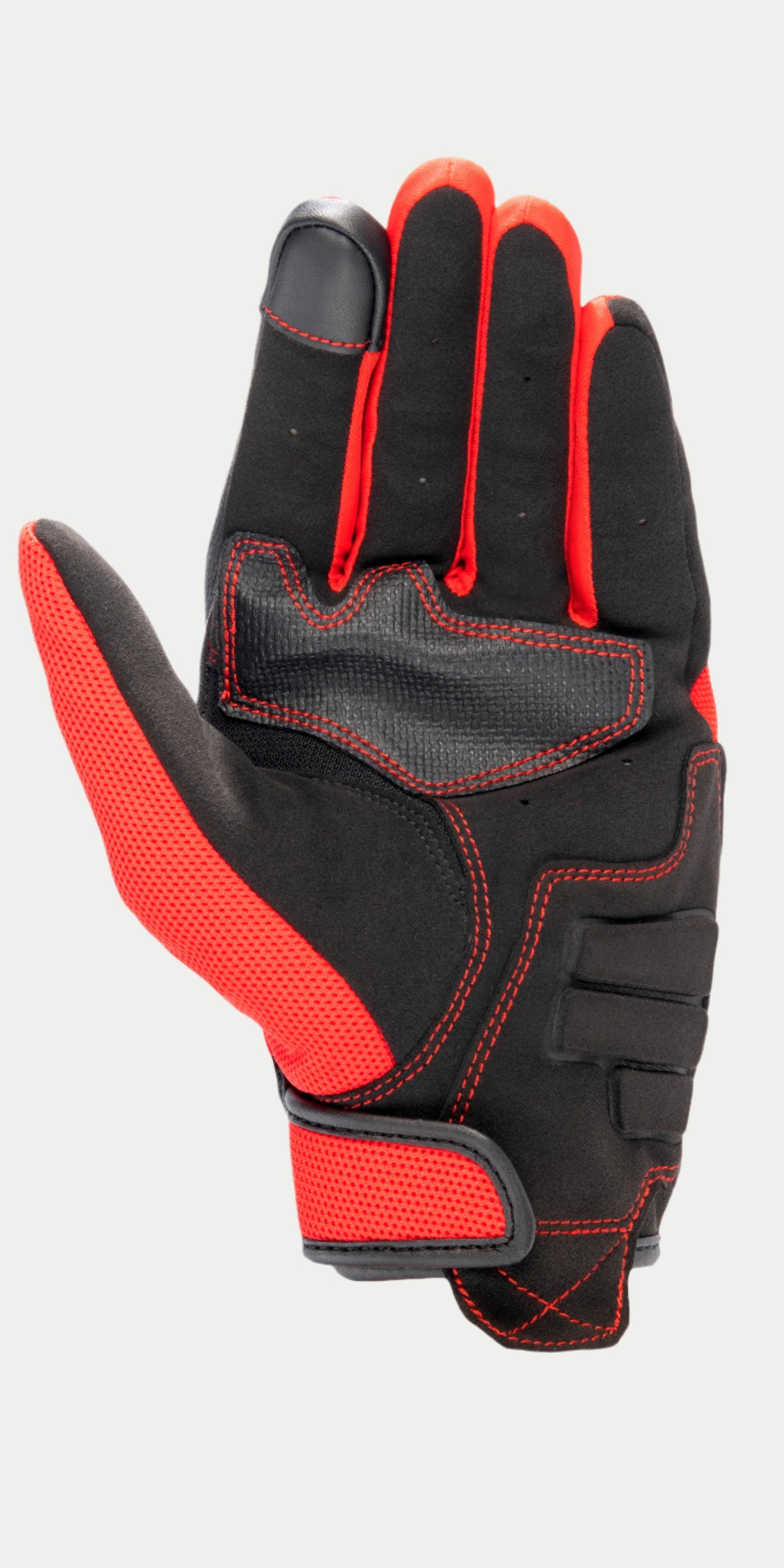 Alpinestars MM 93 Losail V2 Handschuh, Motorradhandschuh, Schwarz und Hellrot, Handflächenansicht mit synthetischer Wildlederkonstruktion, verstärkte rote Nähte, Touchscreen-kompatible Fingerspitze und atmungsaktives rotes Mesh an Daumen und Handgelenksverschluss.