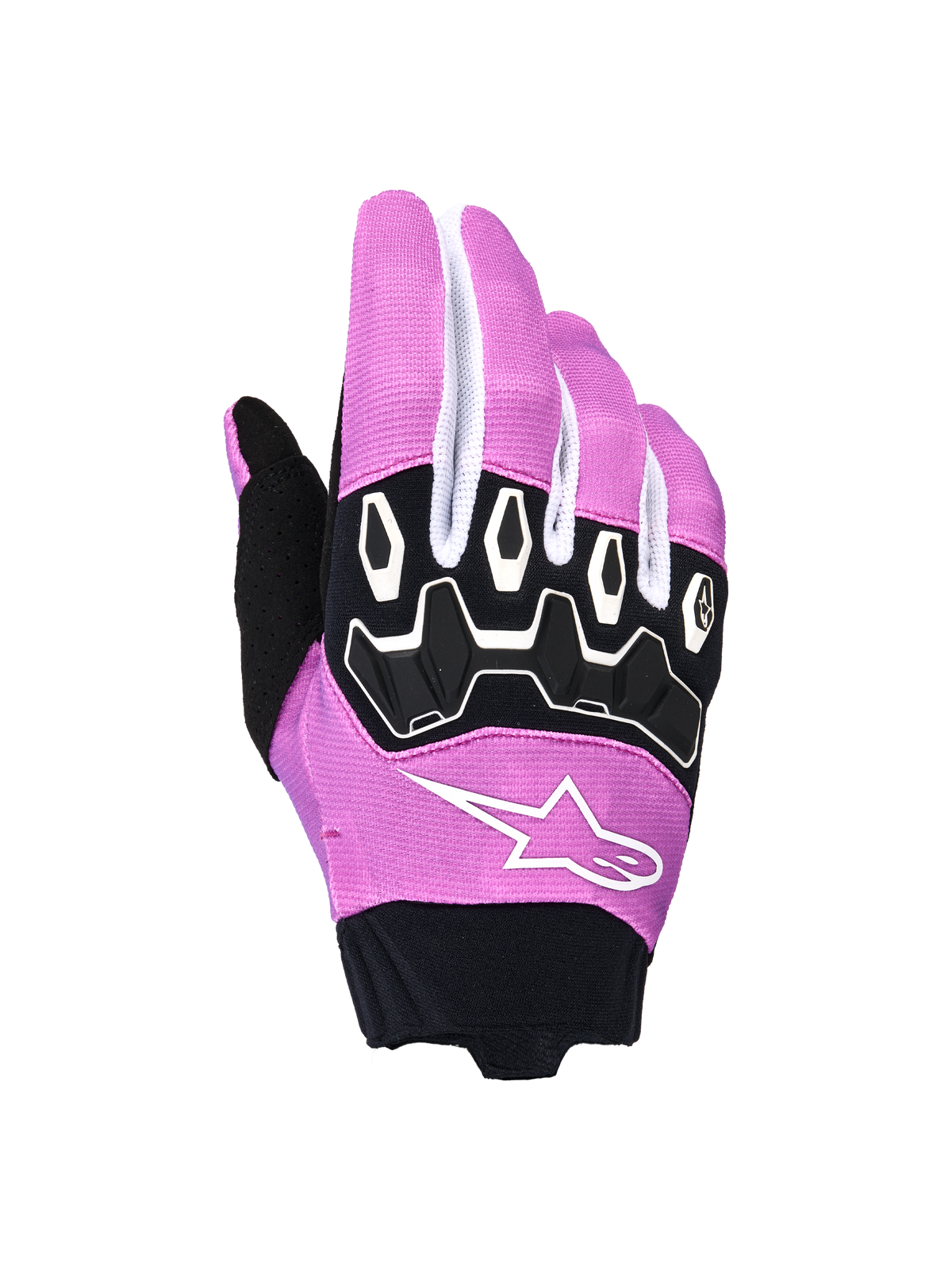 Alpinestars Stella Full Bore V2 Handschuhe, Damen-Motocross-Handschuhe, Violett, Weiß und Schwarz, mit ergonomischem TPR-Knöchelschutz, weißem Alpinestars Stern-Logo auf violettem Stretchgewebe, schwarzer Neoprenmanschette, Offroad-Motorrad-Rennausrüstung