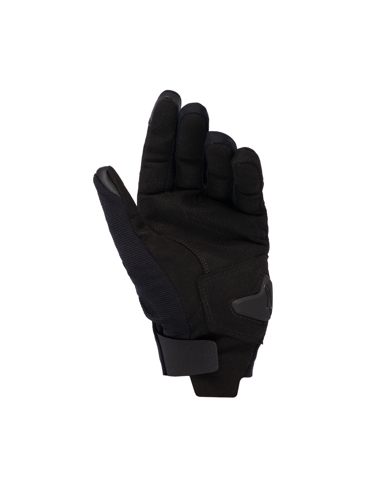 Alpinestars Reef Damen-V2 Handschuhe, Schwarz, Handflächenansicht mit synthetischem Wildledermaterial, gepolsterter Verstärkung und Klettverschluss am Handgelenk, urbane Motorradhandschuhe mit kurzem Bündchen