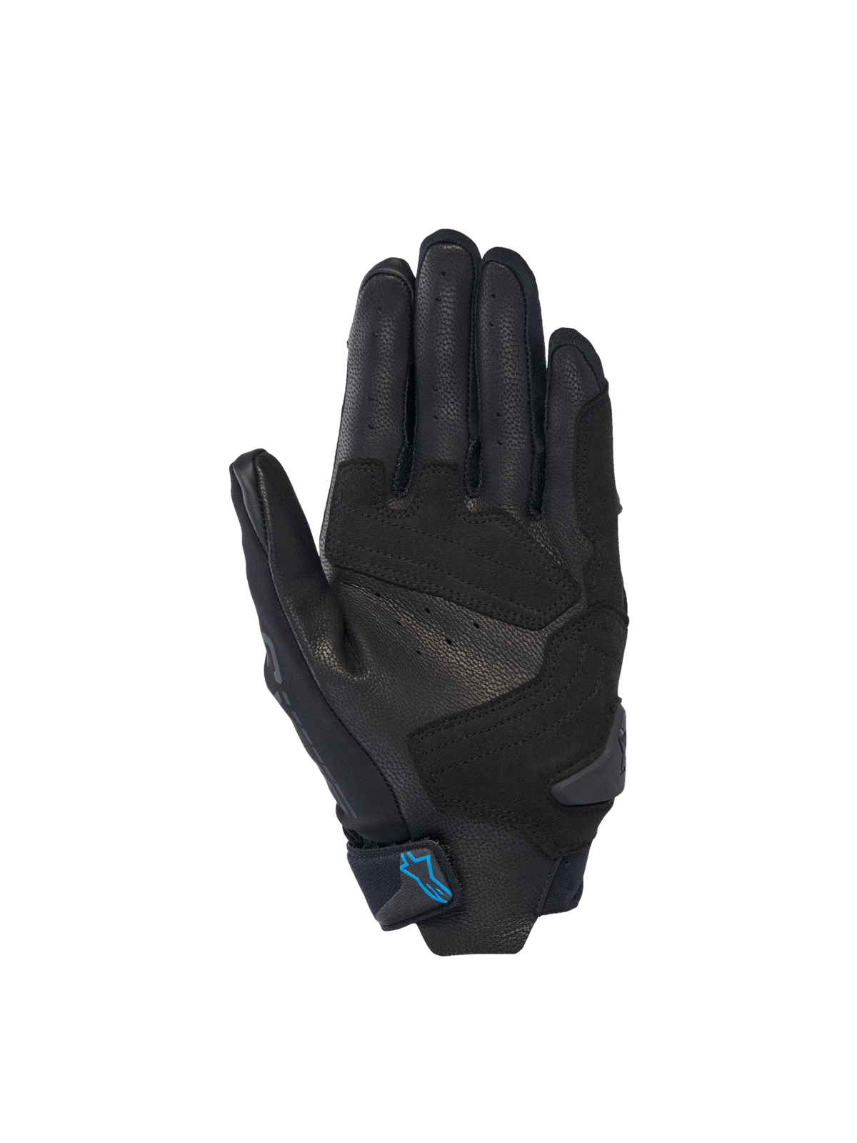 Alpinestars Stella SP X 3 Damen-Motorradhandschuhe, Schwarz und Hellblau, Innenhandansicht mit perforierter Lederhandfläche und verstärkten Kunstlederüberzügen für optimalen Griff.