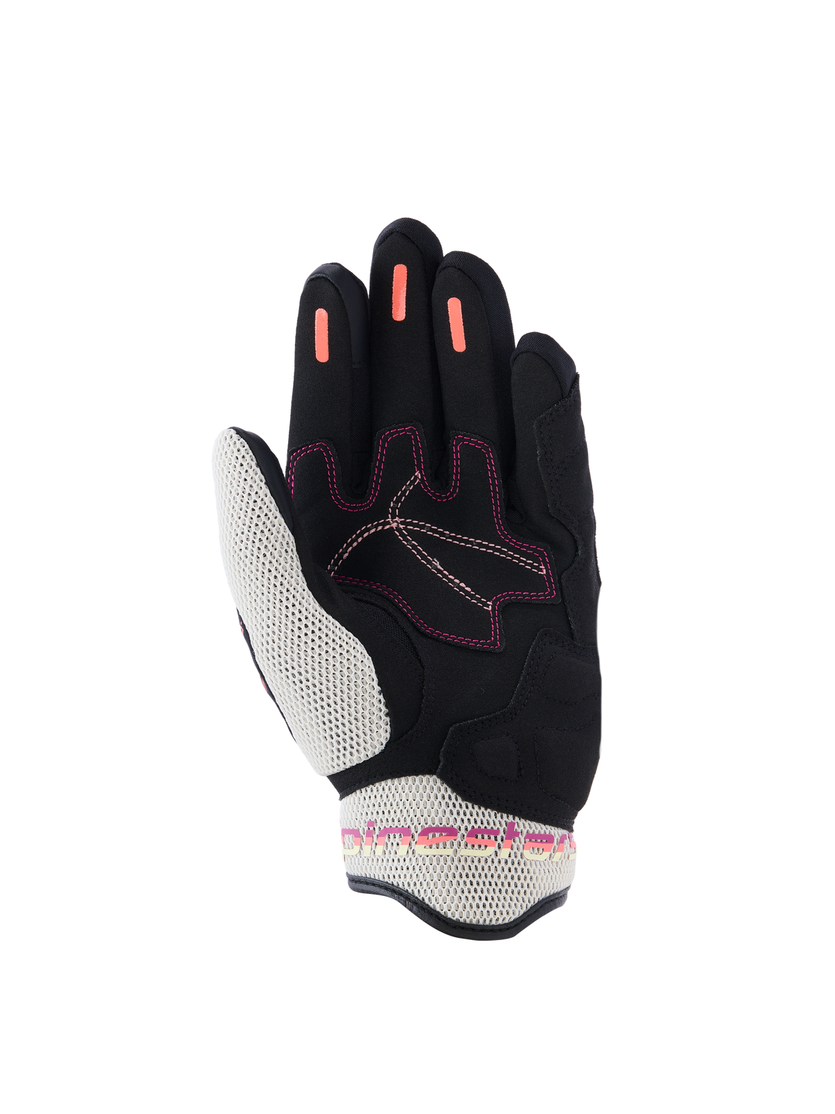 Alpinestars Stella Mogress Airflow Damen-Handschuhe, Motorradhandschuhe, Schwarz Ecru Fading Coral, Handflächenansicht mit weißem 3D-Mesh an Daumen und Bündchen, korallenroten Silikon-Grip-Streifen an den Fingern und pinkfarbenen Nahtakzenten