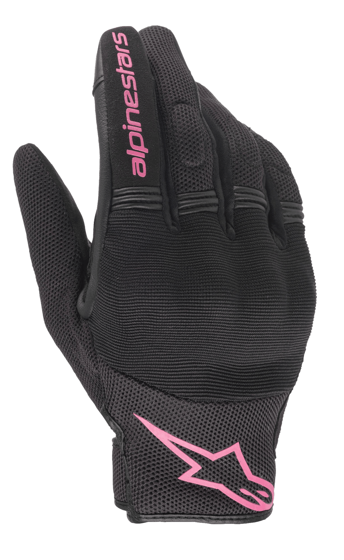 Alpinestars Stella Copper Handschuhe, Damen-Motorradhandschuhe, Schwarz und Fuchsia, pinkes Alpinestars-Logo am Handgelenk und Schriftzug auf dem Finger, Mesh- und Textildesign mit gepolstertem Knöchelbereich, urbane Fahrerausrüstung