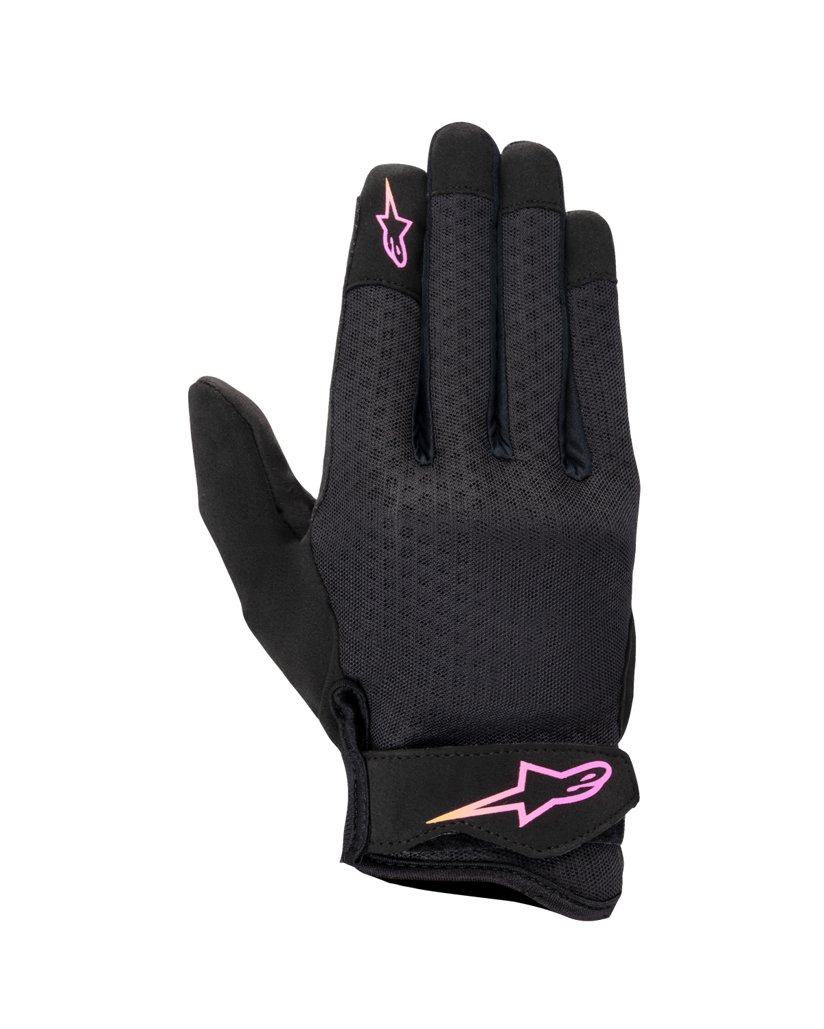 Alpinestars Stated Damen-Handschuhe, Urban-Motorradhandschuhe, Schwarz mit rosa-gelbem Logo-Farbverlauf, texturierte Airprene-Oberhand, Klettverschluss am Handgelenk, leichte und atmungsaktive Sommerausrüstung
