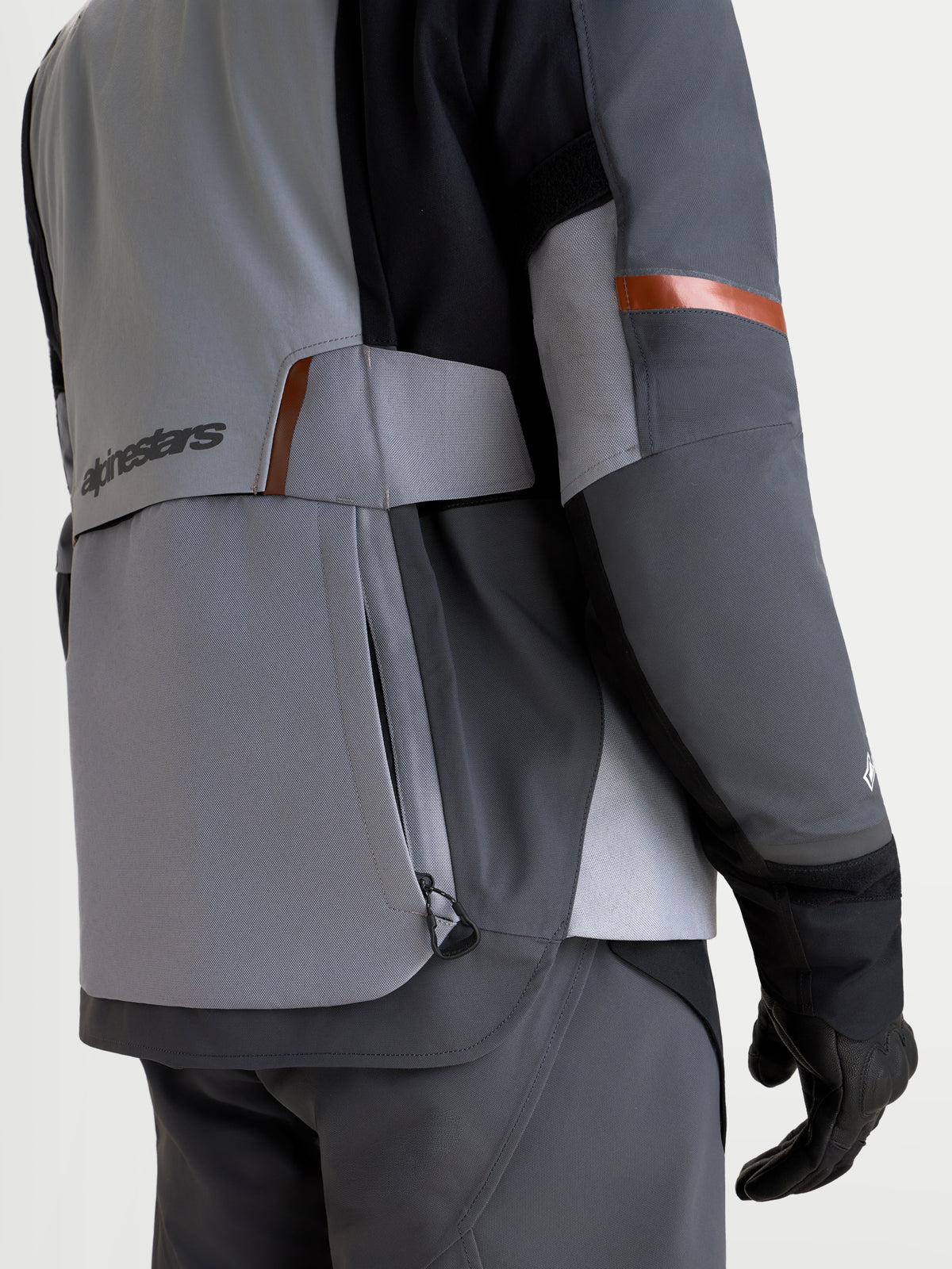 Alpinestars St-7 V2 2L Gore-Tex Jacket, Men's adventure touring motorcycle jacket, mid gray, deep gray and black, rear view showing technical details, waterproof storage, and ergonomic panel construction