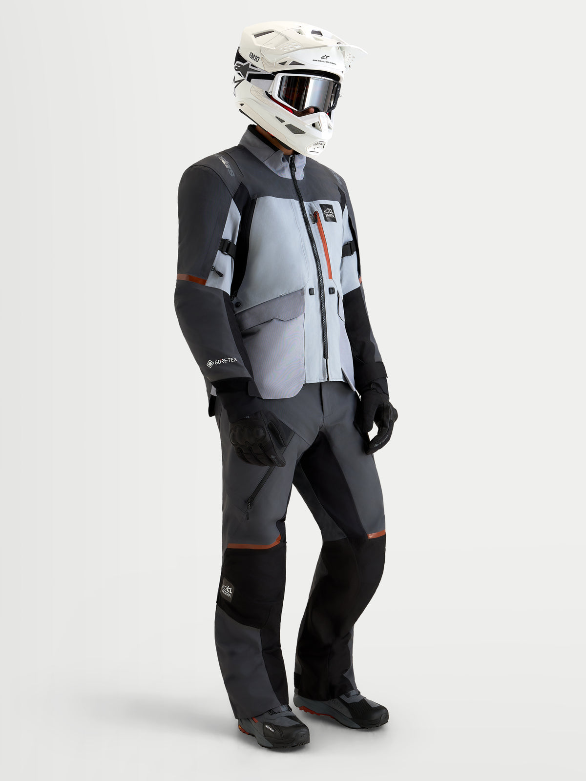 Alpinestars St-7 V2 2L Gore-Tex Jacket, Men's waterproof adventure touring motorcycle jacket, Mid Gray and Black, featuring GORE-TEX laminated construction and protective riding gear worn by a model