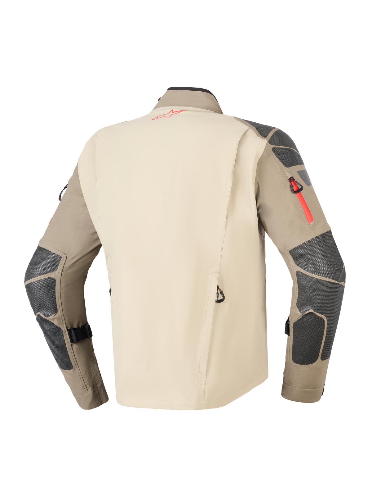 Alpinestars Nazca 3L GORE-TEX PRO Jacket, Walnut Rock Brown, Rear view showing tan back panel and brown sleeves with dark grey reinforcements on shoulders and elbows, red zipper and logo accents, durable adventure motorcycle touring gear