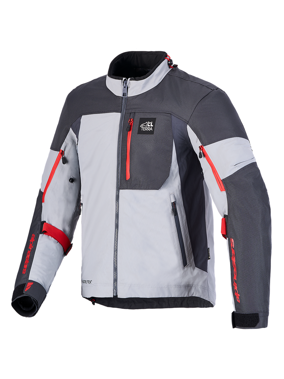 Alpinestars Arenis Gore-Tex Jacket, Mid Gray and Deep Gray adventure motorcycle jacket with red zipper accents and waterproof GORE-TEX construction, CE certified