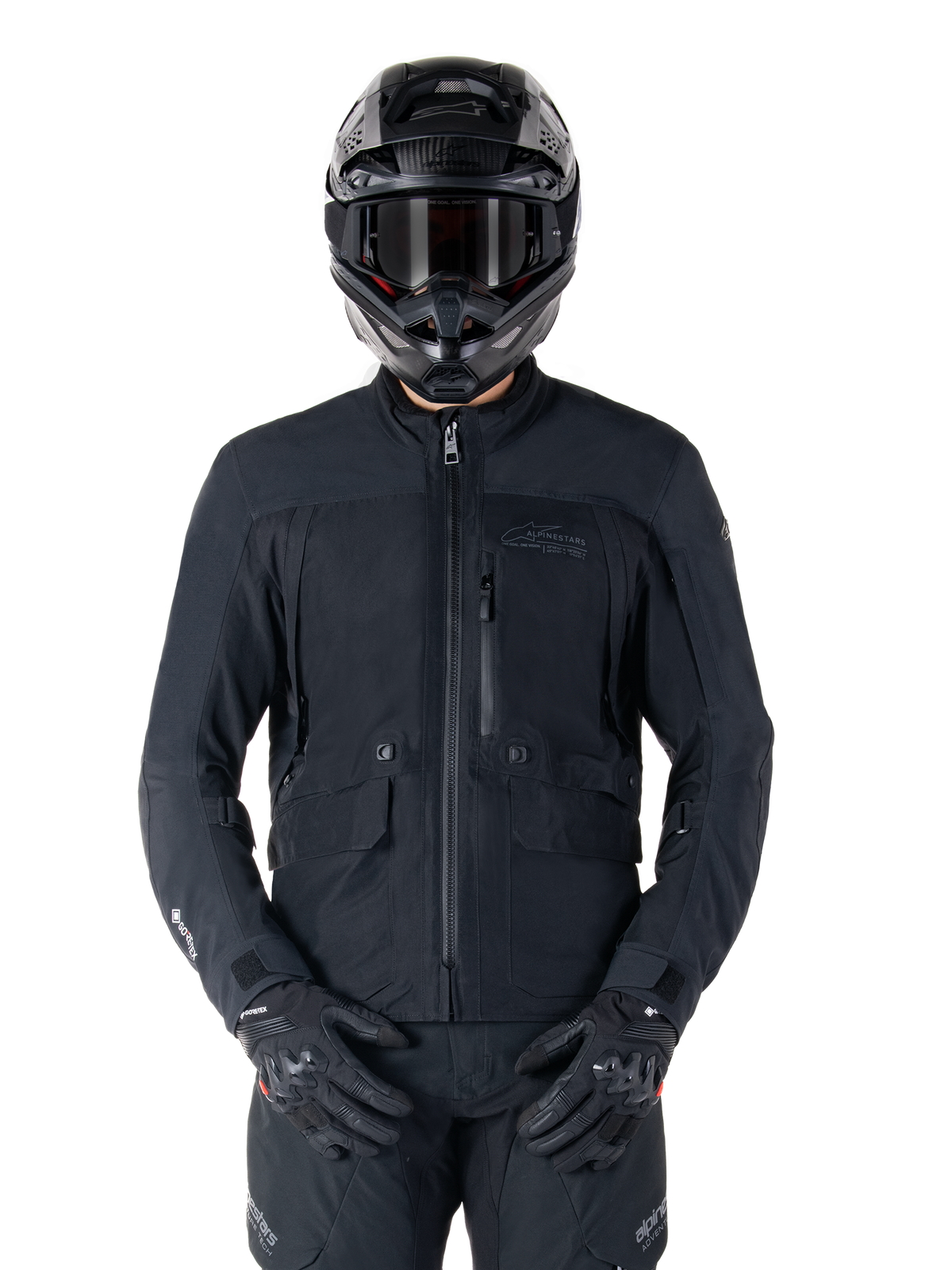 Alpinestars St-7 Prime GORE-TEX Jacke, schwarze Motorrad-Tourenjacke, wasserdicht und atmungsaktiv, Frontreißverschluss, mehrere Taschen, getragen mit passendem Helm und Handschuhen, erstklassiger Schutz für Fahrten bei jedem Wetter