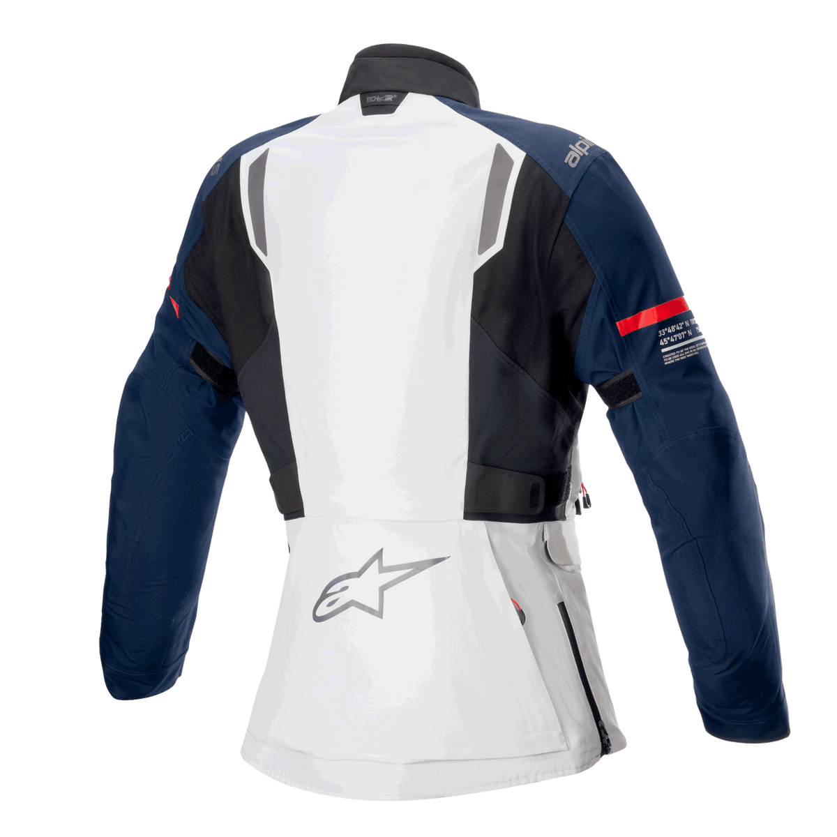 Alpinestars Damen Stella ST-7 2L GORE-TEX Jacke, Rückansicht, Eisgrau, Dunkelblau und Schwarz, mit rotem Streifen am Ärmel und Alpinestars-Logo, Adventure-Touring-Motorradausrüstung