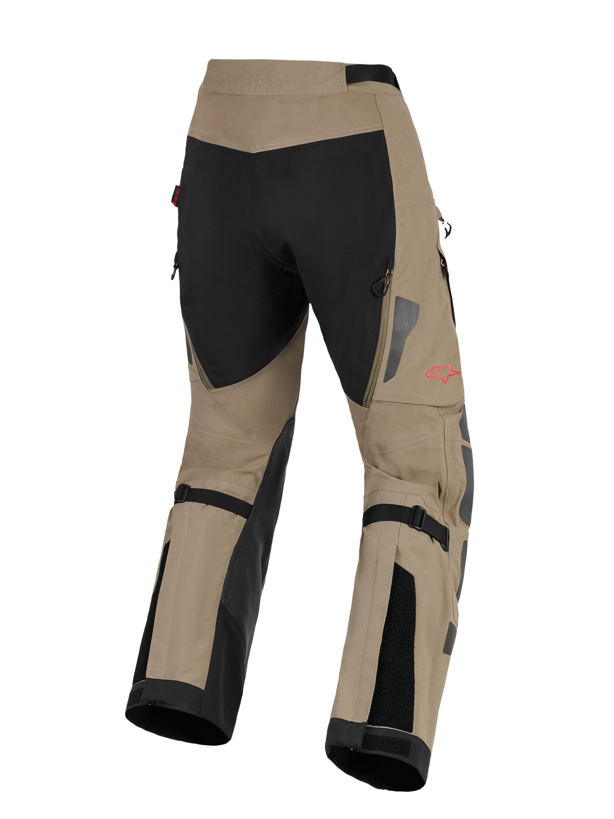 Alpinestars Nazca 3L GORE-TEX PRO Pants, Adventure Motorcycle Pants, Walnut and Black, rear view featuring black seat panel and walnut lower legs, red star logo on the side, black calf adjustment straps, and reflective silver detailing