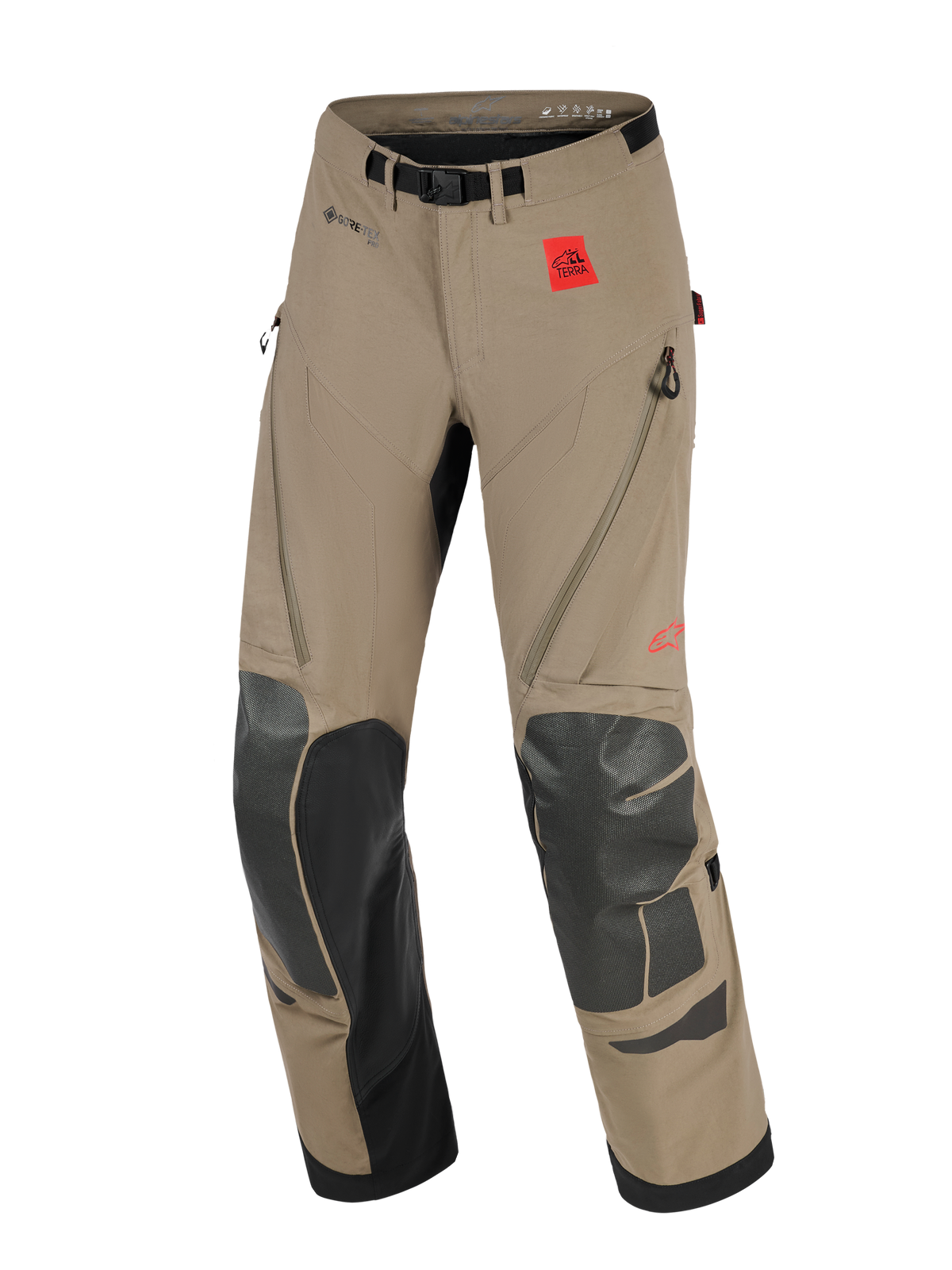 Alpinestars Nazca 3L GORE-TEX PRO Pants, Adventure Motorcycle Pants, Walnut and Black, featuring a red All Terra logo patch, GORE-TEX PRO branding, black Superfabric knee and shin reinforcements, zippered thigh ventilation, and an integrated belt with a magnetic buckle.