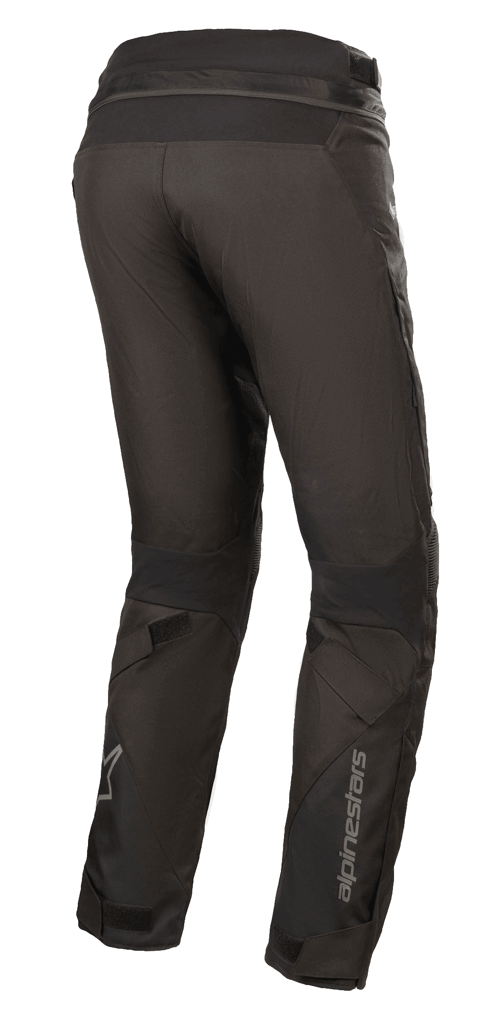 Alpinestars Women Stella Road Pro GORE-TEX Pants, Black, rear three-quarter view, technical textile motorcycle pants with reflective Alpinestars branding on the lower leg, featuring tapered fit, velcro leg adjusters, and waist connection zipper for adventure touring.
