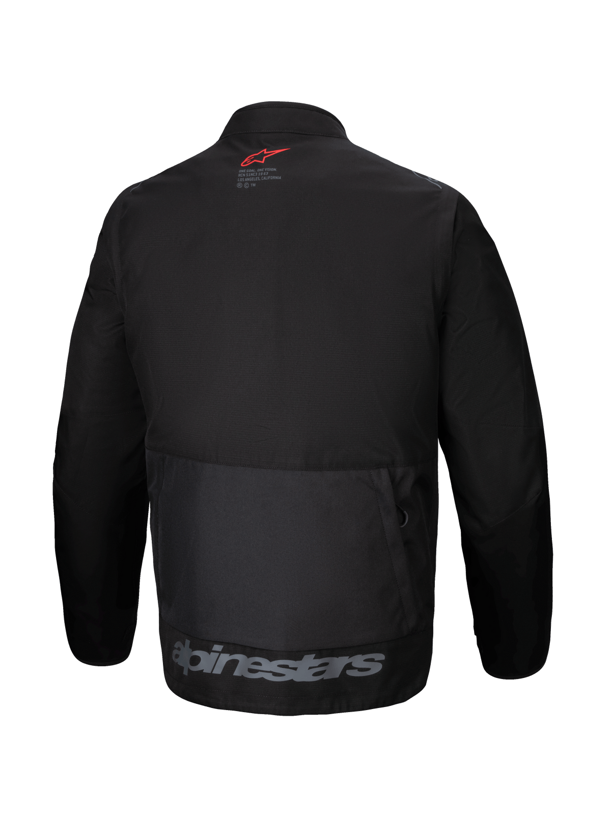 Alpinestars Pro-Dura Jacke, Rückansicht, schwarze Textil-Endurojacke, große Rückentasche, rotes Stern-Logo im Nacken, grauer Alpinestars-Schriftzug am unteren Saum, robustes Offroad-Design