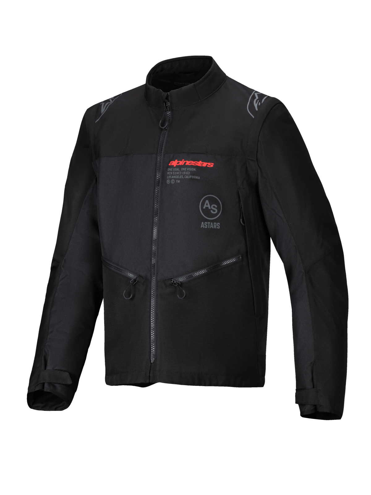 Alpinestars Pro-Dura Jacke, Schwarz, Offroad-Motorradjacke aus strapazierfähigem Ripstop-Textil, rotes Alpinestars-Logo auf der Brust, schräge Reißverschlusstaschen und Stern-Logo-Akzenten an den Schultern