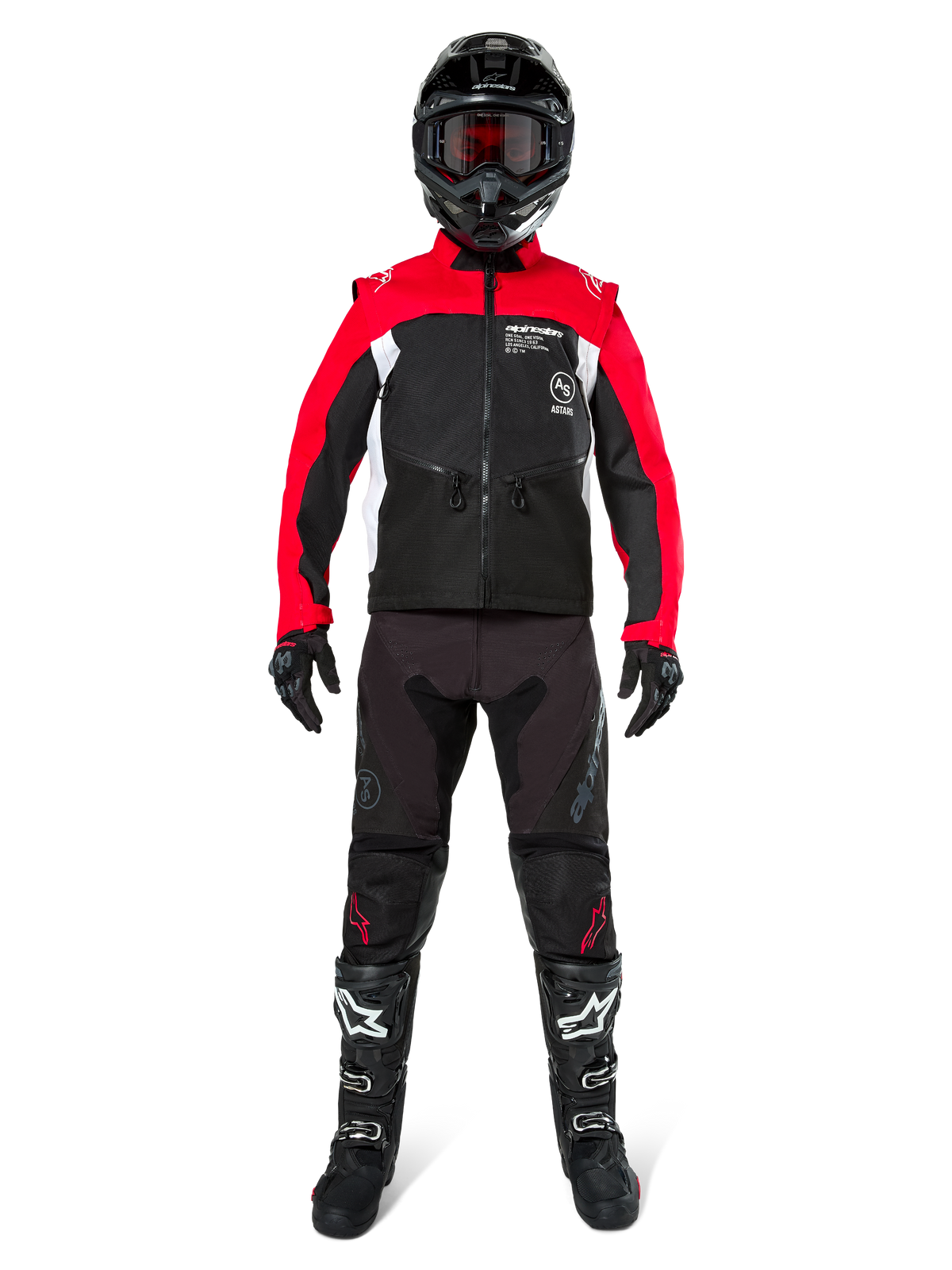 Motocross rider wearing complete off-road gear, Alpinestars Pro-Dura Jacket in Black, Bright Red, and White, black pants with red accents, black helmet with red goggles, black and white boots, coordinated outfit for enduro and trail riding