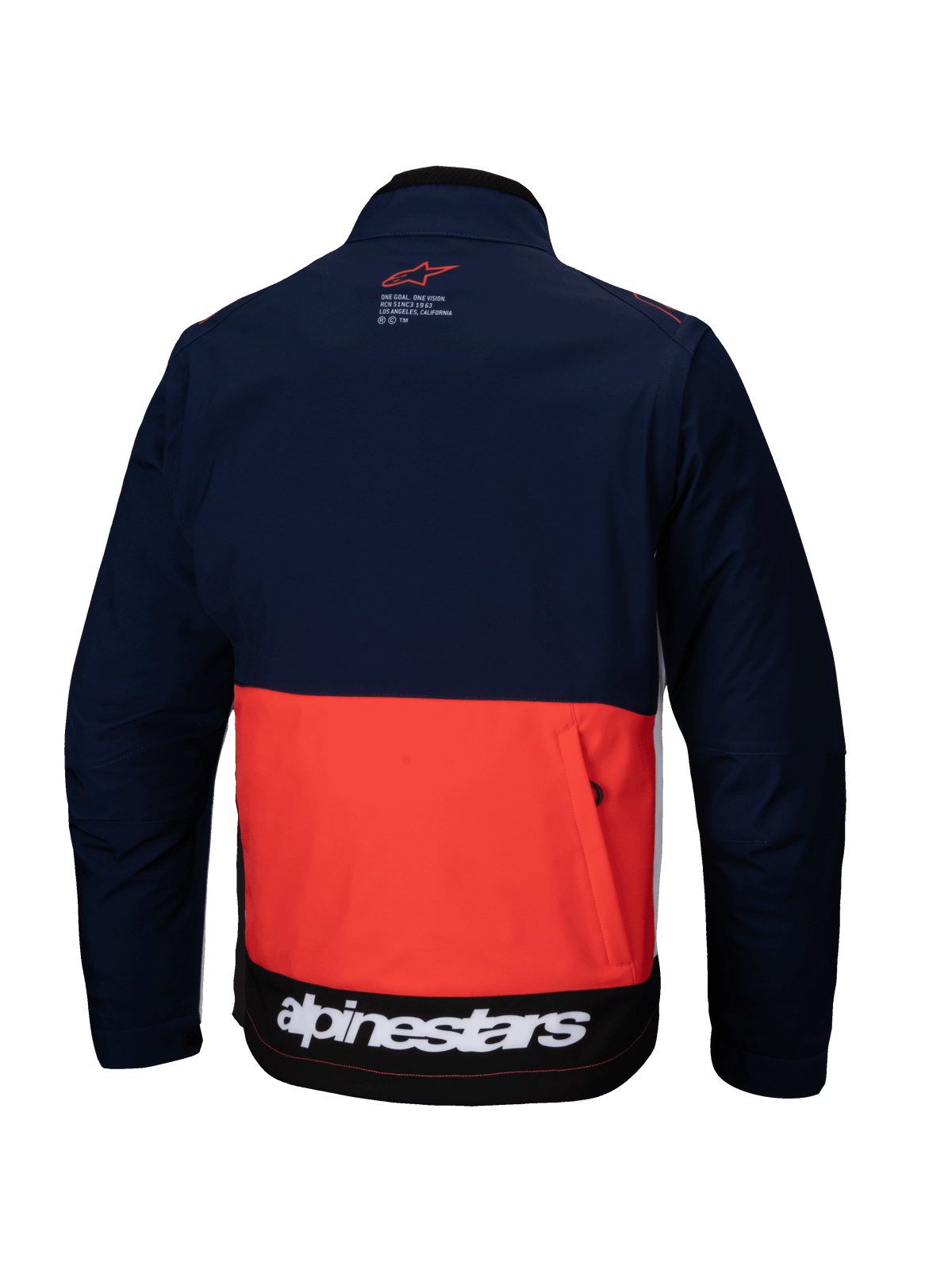 Alpinestars Lite-Dura Softshell-Jacke in Navy, Hot Orange und Weiß, Rückansicht mit Color-Block-Design, großer Rückentasche mit Reißverschluss und weißem Alpinestars-Logo am unteren Saum.