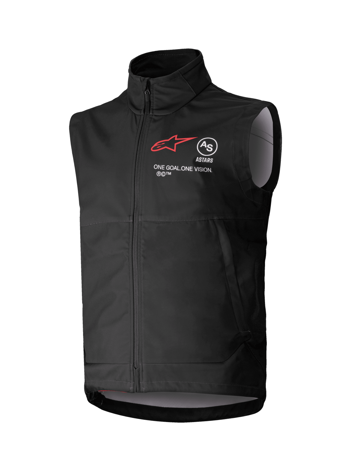 Alpinestars Techstar Softshell Vest, Black Sleeveless Motocross Vest, high collar with front zipper, featuring red star logo with "ASTARS" and "ONE GOAL. ONE VISION." chest branding, lightweight windproof softshell fabric with light gray interior lining, designed for off-road riding