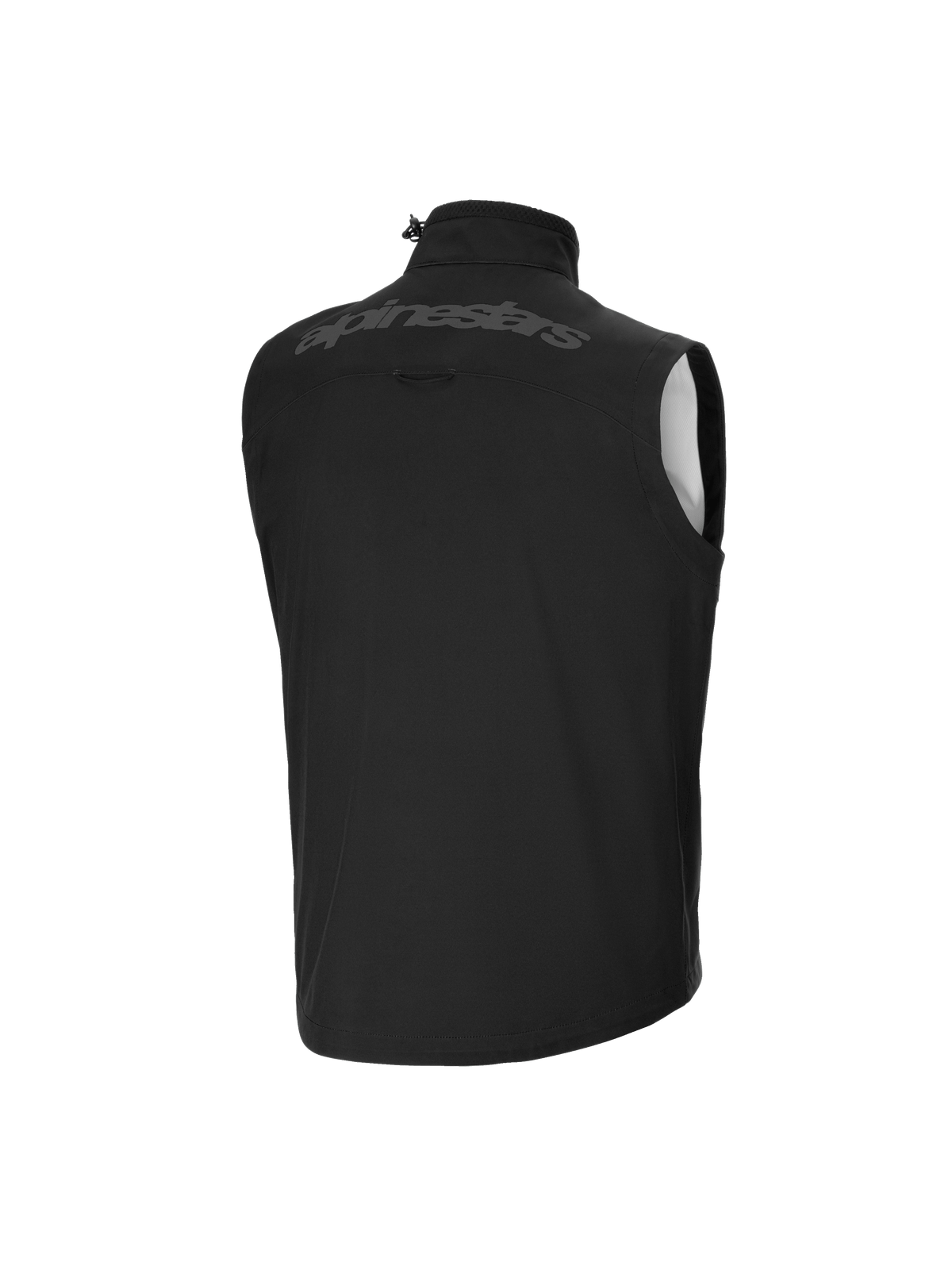 Alpinestars Youth Techstar Softshell Weste, Motocross-Weste, Schwarz, Rückansicht, mit tonaler Alpinestars Wortmarke auf dem oberen Rücken, hoher Kragen mit Kordelzug-Verstellung, leichtes winddichtes Softshell-Material.
