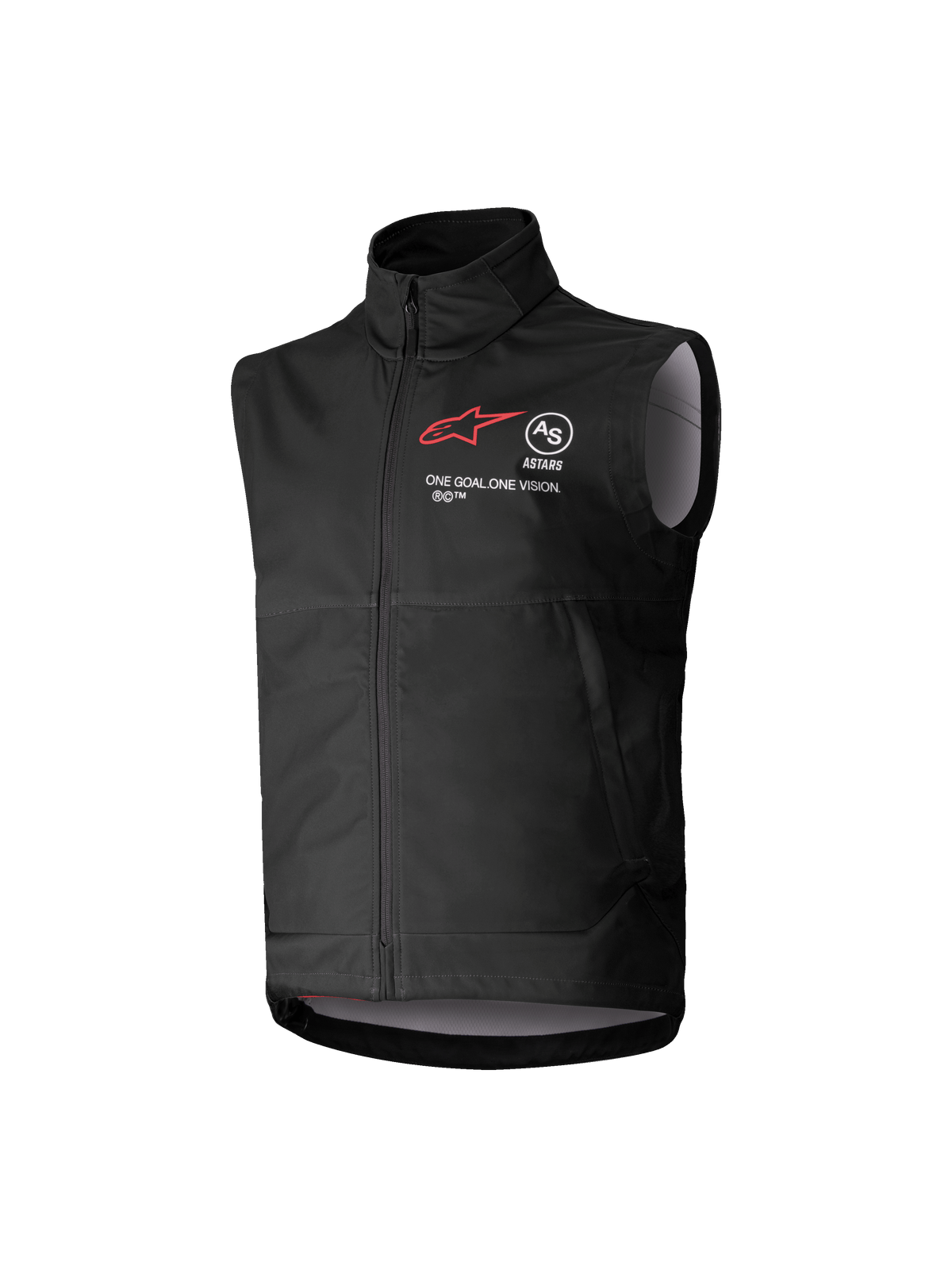 Alpinestars Youth Techstar Softshell Weste, Schwarz, ärmellose Motocross-Weste mit rotem Stern-Logo, hoher Kragen, Front-Reißverschluss, "ONE GOAL. ONE VISION." Aufdruck, hellgraues Innenfutter, Jugend-Motorsportbekleidung