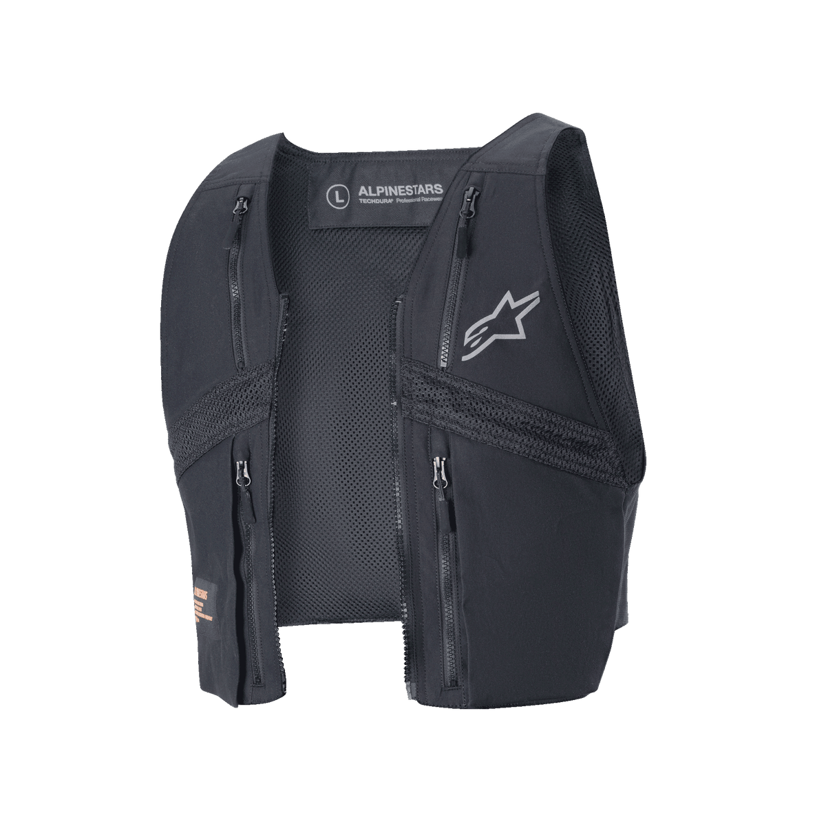 Alpinestars Techdura Tactical Vest, Black, detachable enduro vest for the Techdura Jacket, featuring four zippered chest pockets, mesh paneling for ventilation, and a grey Alpinestars logo