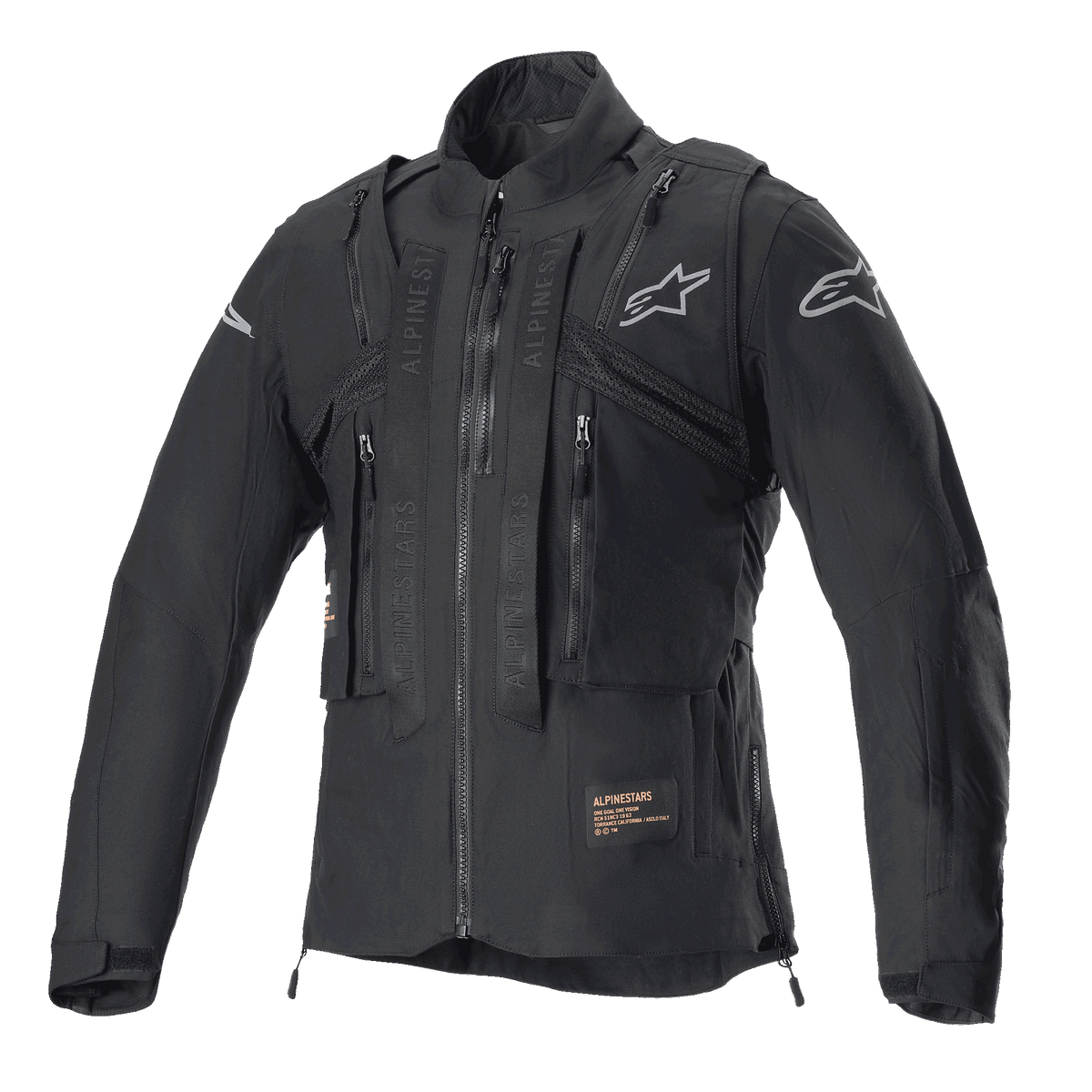 Alpinestars Techdura Jacket, Black Reflex, off-road motorcycle jacket with integrated tactical vest, front view, featuring multiple utility pockets, rugged textile construction, and silver Alpinestars logos, designed for enduro riding.