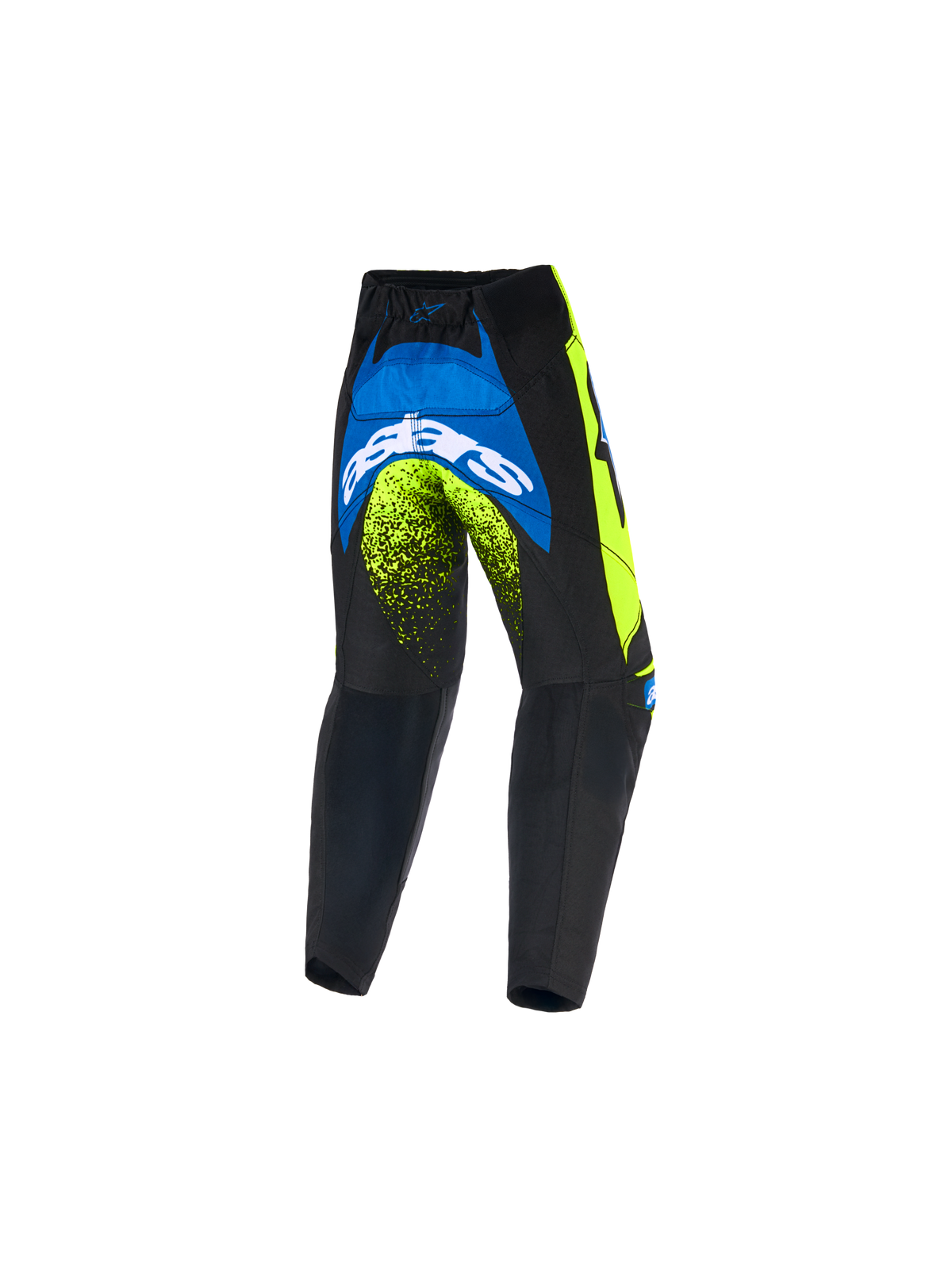 Alpinestars 2026 Kids Racer Nomur Pants, Youth Motocross Pants, Dark Navy, Yellow Fluo, and UCLA Blue, rear view showing bold white Astars logo and neon accents, durable off-road gear design