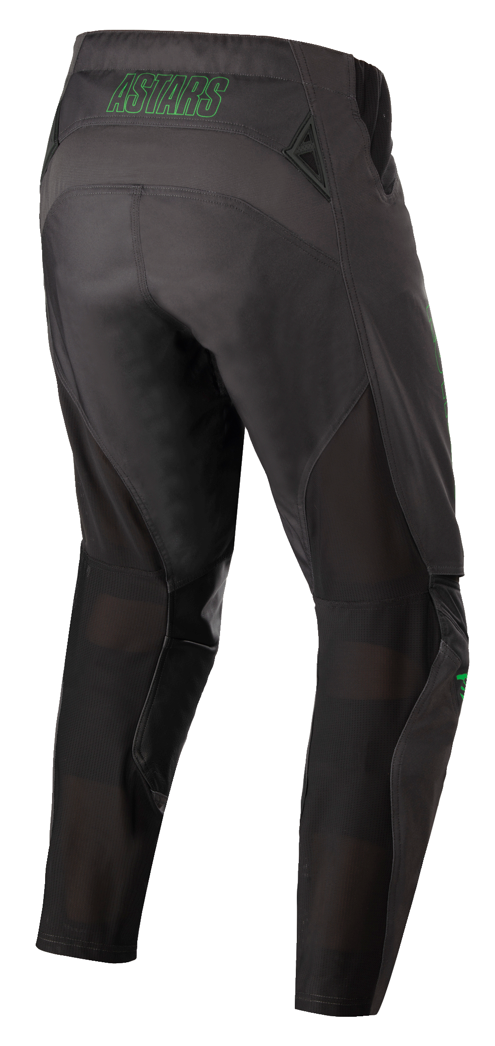 Alpinestars Techstar Phantom Hose, Motocross-Hose, Anthrazit und Neongrün, Rückansicht mit neongrünem „ASTARS“-Branding am Bund, Mesh-Belüftungseinsätzen an der Beinrückseite und verstärktem Gesäßbereich für Strapazierfähigkeit im Offroad-Rennsport