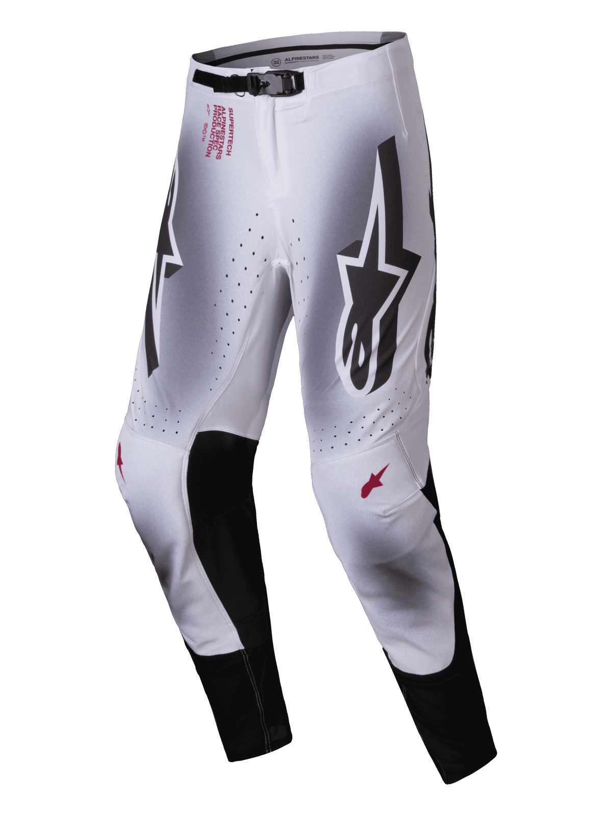 Alpinestars 2025 Supertech Maker Pants, Motocross Pants, Silver and Black, featuring large black Astars logos on the thighs, red technical branding on the hip, black leather inner knee panels, and perforated ventilation zones.