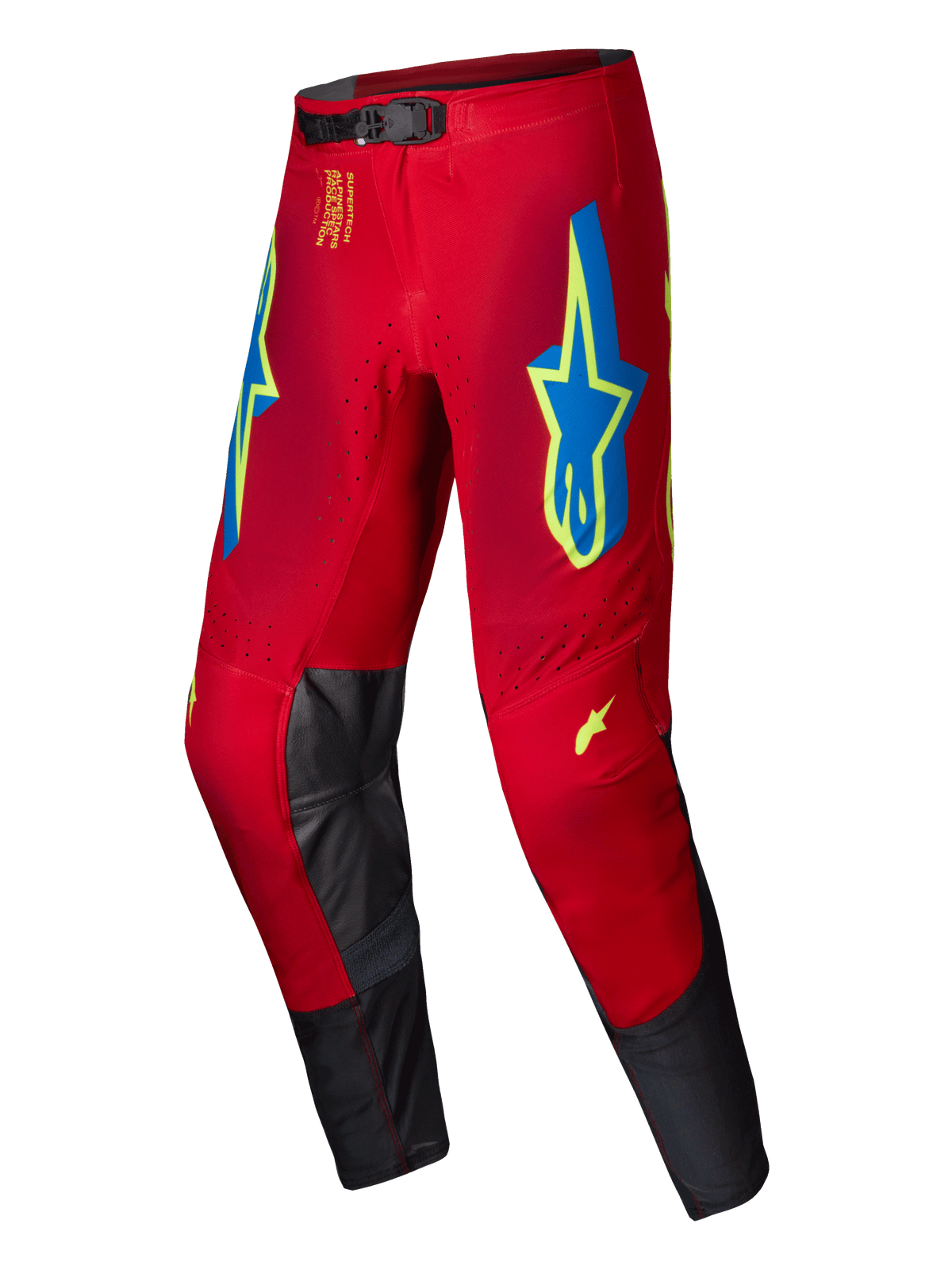 Alpinestars 2025 Supertech Maker Hose, Motocross-Hose, Hellrot mit neongelben und blauen Akzenten, mit großen Stern-Logos auf den Oberschenkeln und Knie-Innenpaneelen aus schwarzem Leder, magnetischer Taillenverschluss, professionelle Offroad-Rennausrüstung