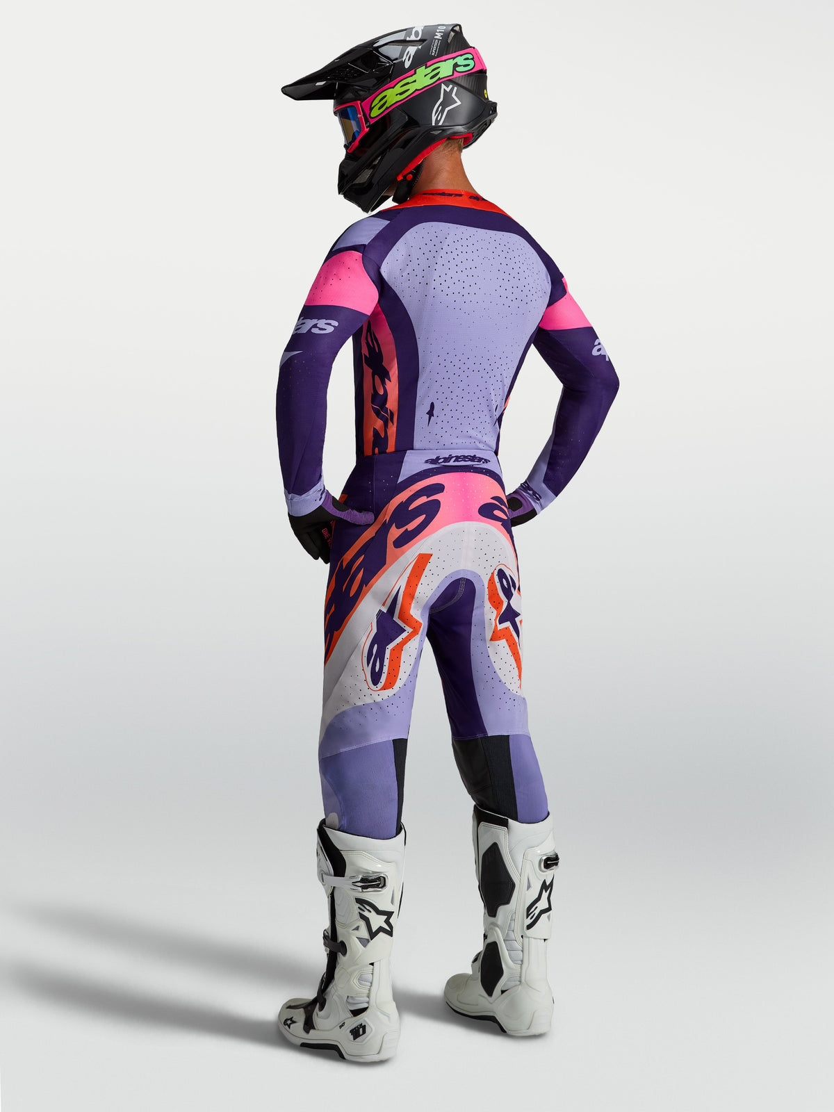 Alpinestars Supertech Dyna Hose und Gear Set in Lila und Pink Fluo, Motocross-Herrenausrüstung, Rückansicht.