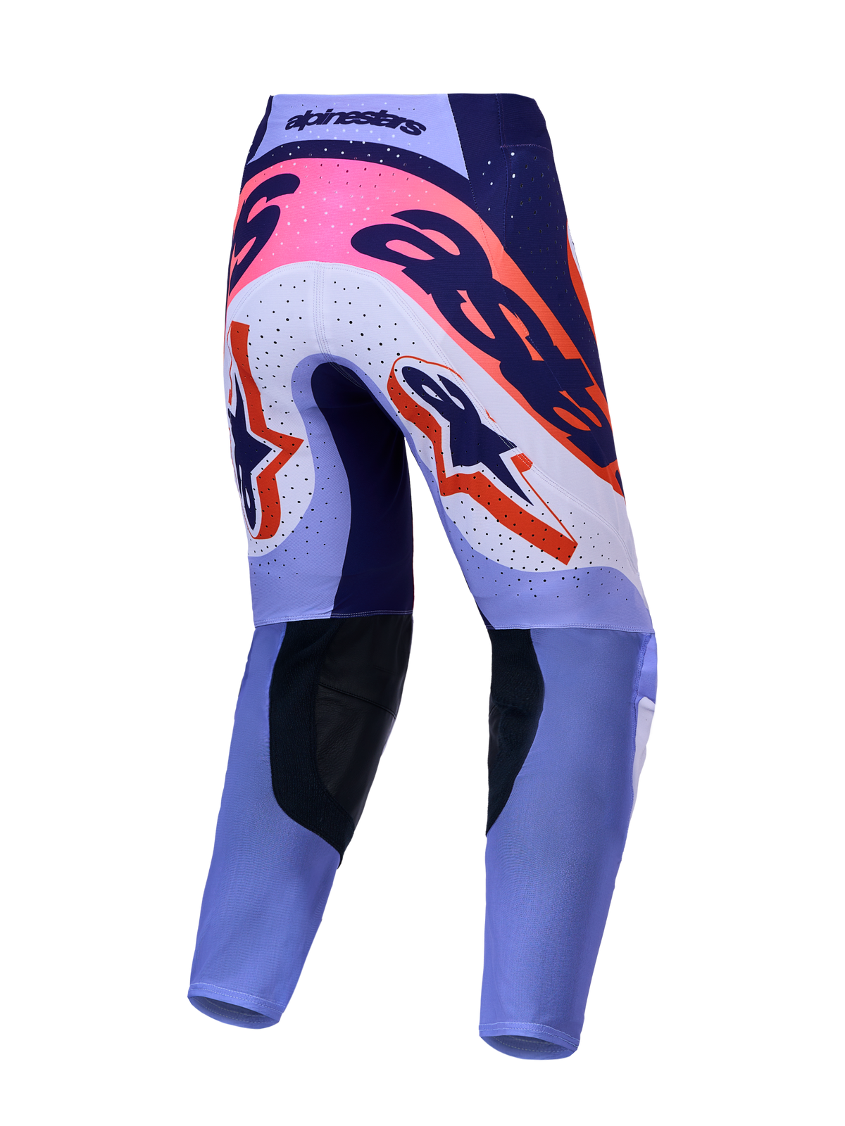 Alpinestars Supertech Dyna Motocross-Hose in Hellviolett und Dunkelviolett mit Pink Fluo-Akzenten, Rückansicht.