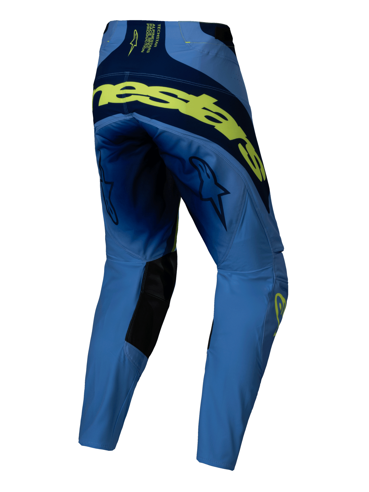 Alpinestars 2025 Techstar Melt Pants, Motocross Pants, Yellow Fluo Blue, rear view with large fluorescent yellow branding across the back, navy blue panels, star logos on thighs, and black inner knee reinforcements