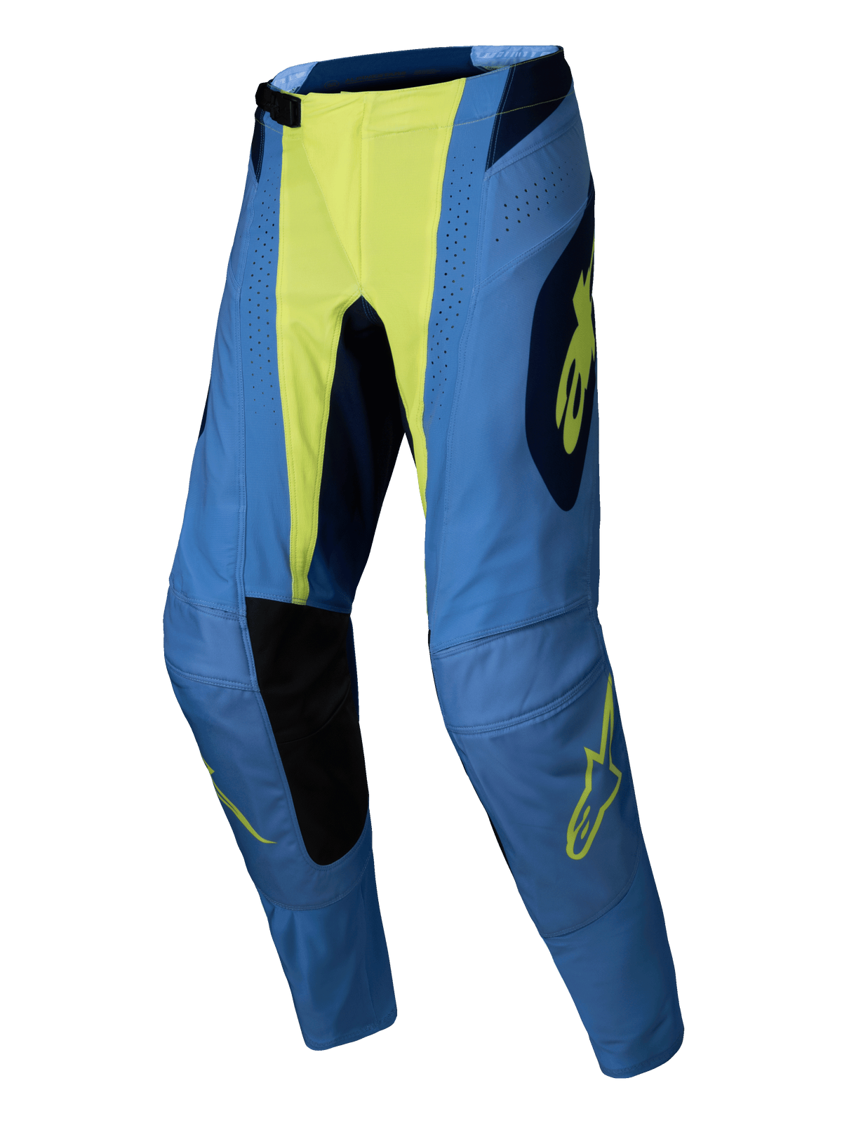 Alpinestars 2025 Techstar Melt Pants, Motocross Pants, Yellow Fluo Blue, blue with neon yellow center and logo details, black inner knee panels, laser perforations, athletic race fit for off-road performance