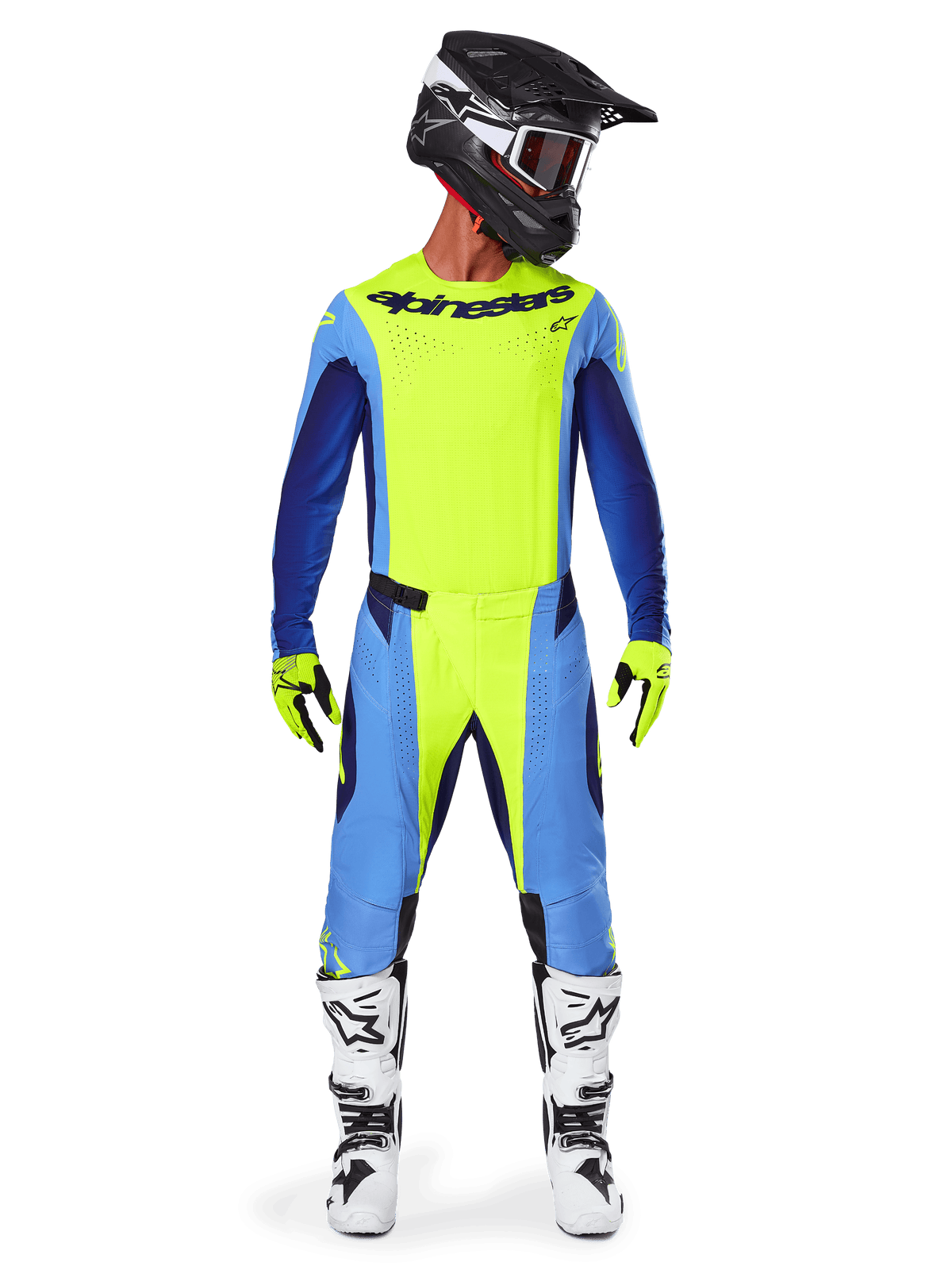 Alpinestars 2025 Techstar Melt Pants, Motocross Pants, Yellow Fluo Blue, worn with matching jersey, yellow gloves, and white and black boots, featuring a black helmet with red goggles, complete racing gear set for off-road performance