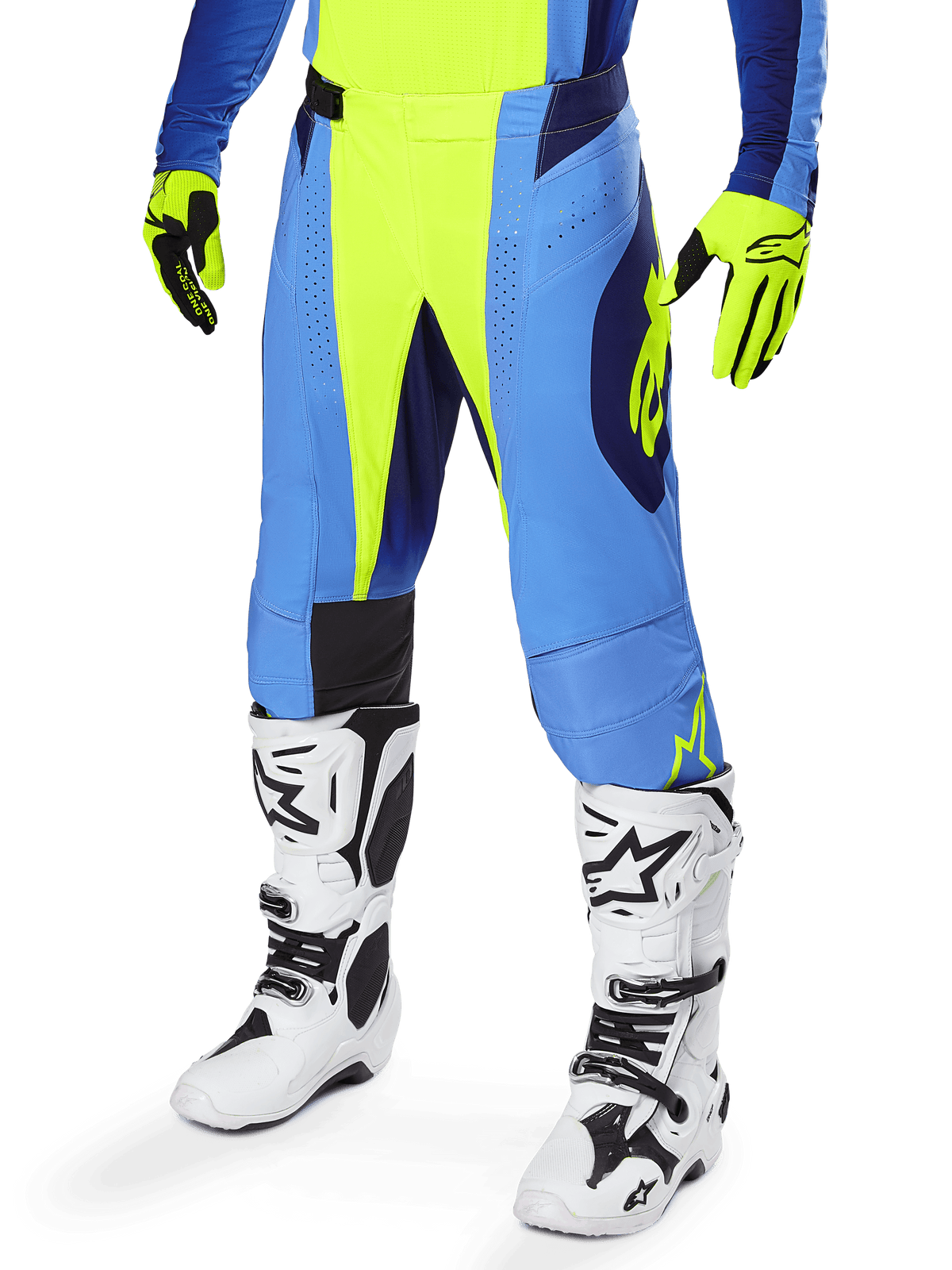 Alpinestars 2025 Techstar Melt Pants, Motocross Pants, Yellow Fluo Blue, featuring perforated ventilation and black accents, worn with matching neon yellow gloves and white racing boots