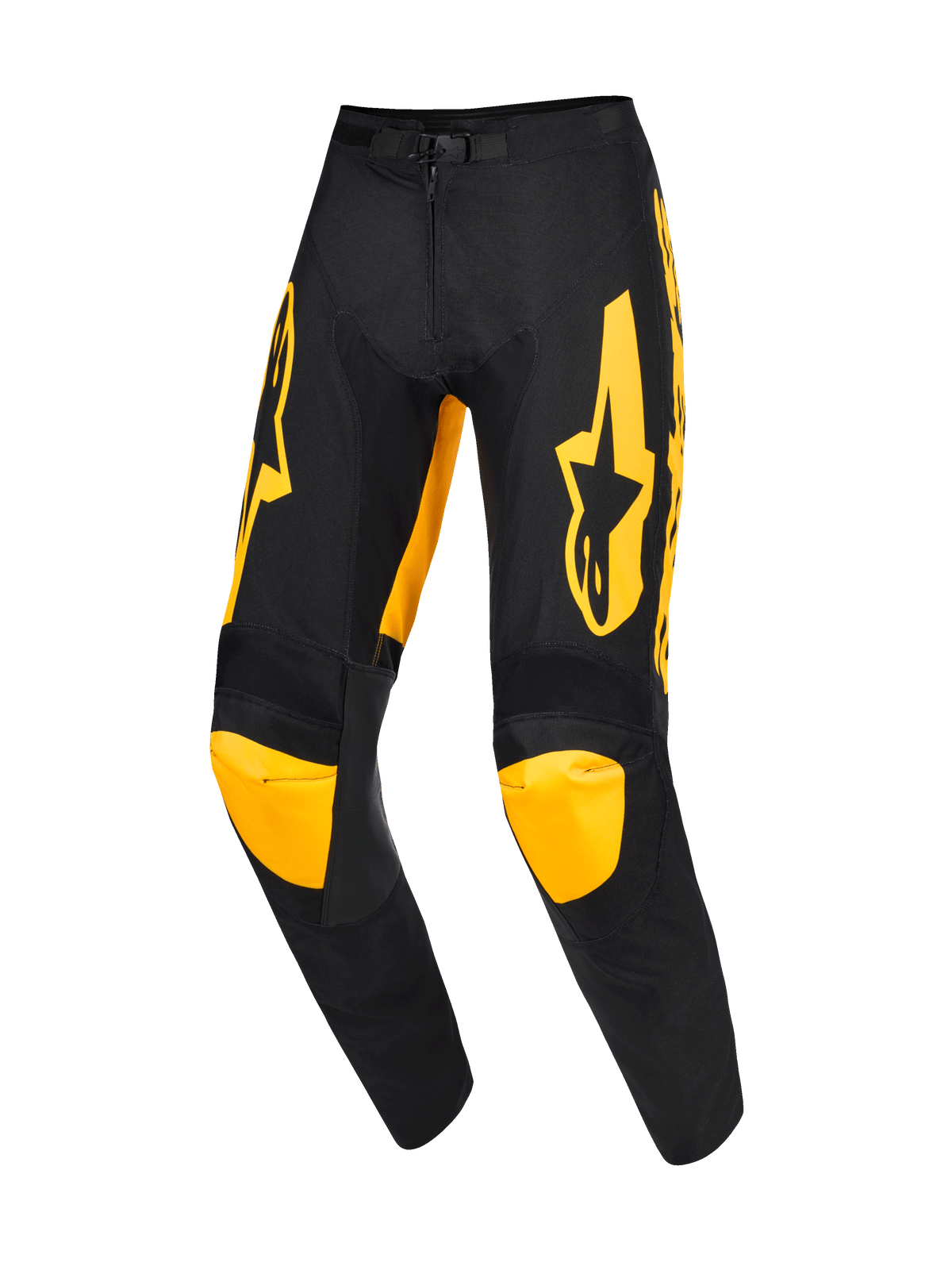 Alpinestars 2026 Racer Riway Hose, Motocross-Hose, Gelb und Schwarz, mit auffälligen gelben Logos auf den Oberschenkeln und gelben Knieeinsätzen, ergonomisches, vorgeformtes Design, strapazierfähige Poly-Gewebe-Konstruktion für professionellen Offroad-Rennsport
