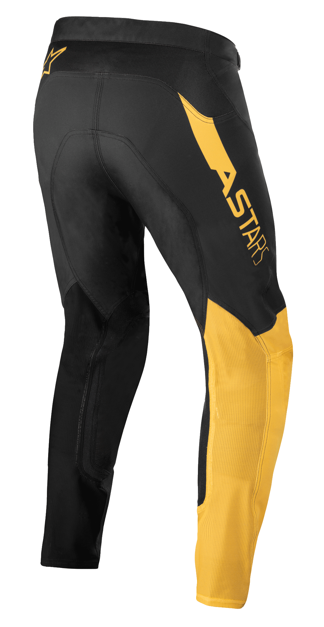 Alpinestars Supertech Blaze Hose, Motocross-Hose, Schwarz und Warm Yellow, Rückseitenansicht, mit markantem 'ASTARS'-Logo auf der Hüfte, gelben Einsätzen am Bein und technischem Stretch-Gewebe für Offroad-Performance.