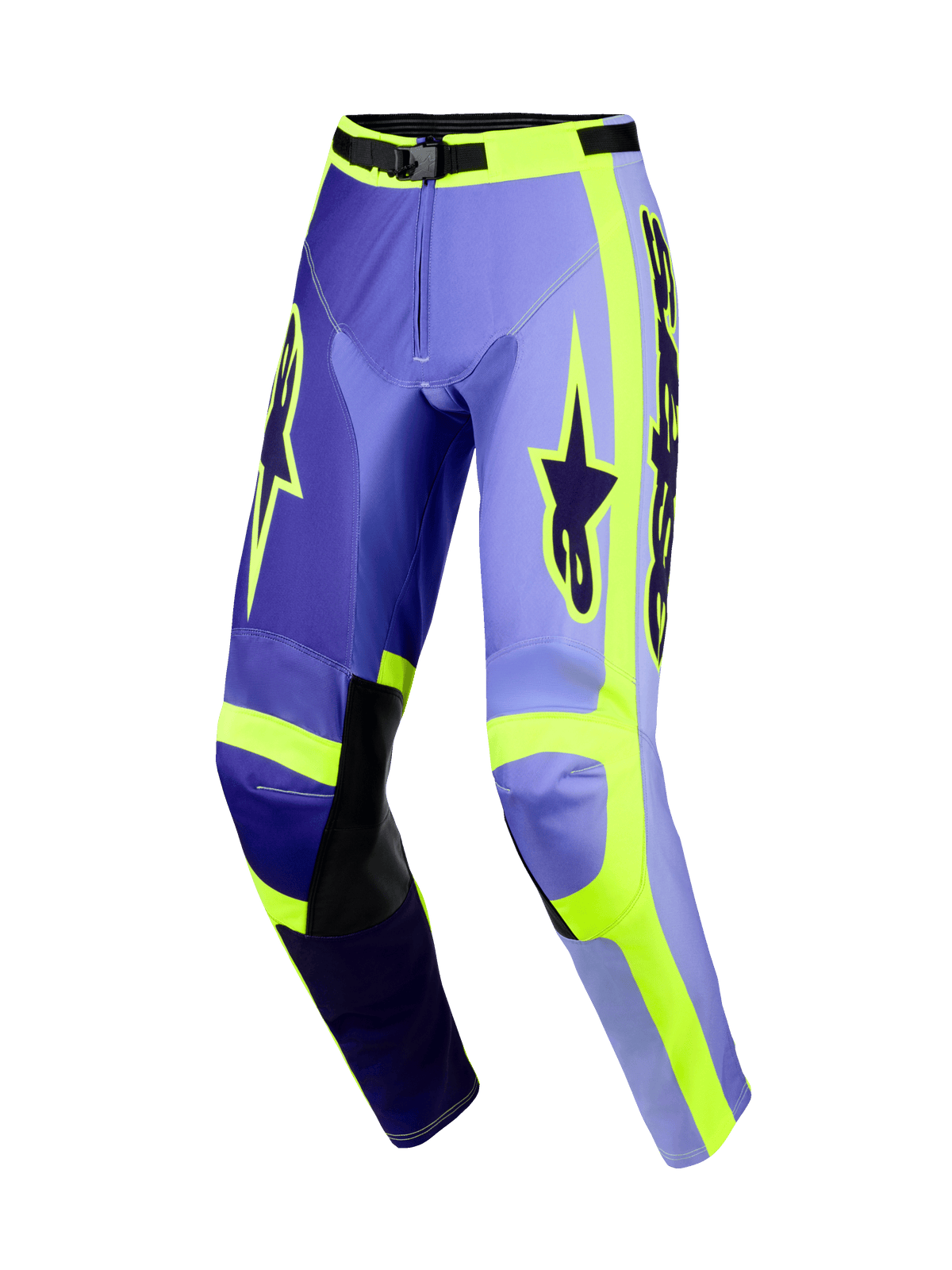 Alpinestars 2026 Racer Portl Hose, Motocross-Hose, Lila und Neongelb, mehrfarbige lila Einsätze mit neongelben Akzenten, schwarze Leder-Einsätze an den Knie-Innenseiten, markantes Alpinestars-Branding auf den Oberschenkeln, ergonomisch vorgeformtes Design für den Offroad-Rennsport