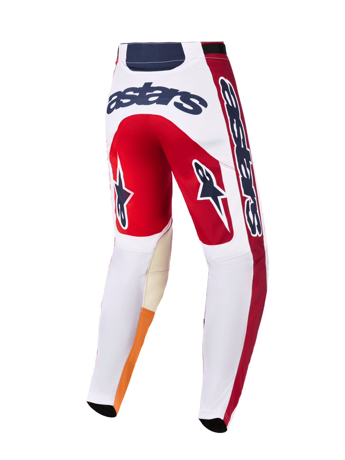Alpinestars 2026 Racer Portl Hose, Motocross-Hose, Rot, Weiß und Dunkelgrau, Rückansicht mit markantem „astars“-Logo auf der Rückseite, Stern-Icons auf den Beinen, strapazierfähiges Material mit verstärkten Knieinnenseiten für den Offroad-Rennsport