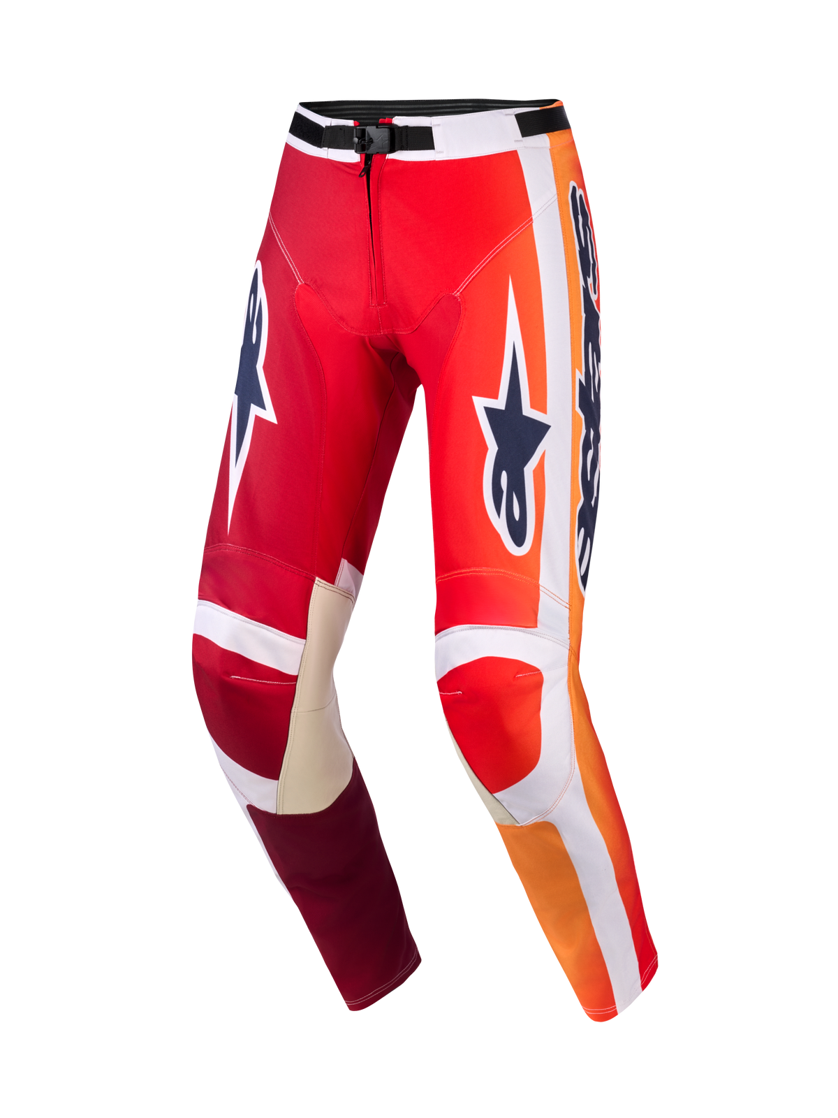 Alpinestars 2026 Racer Portl Hose, Motocross-Hose, Rot und Hellgrau mit dunkelgrauen Logos, leuchtende orangefarbene Farbverläufe und weiße Streifen, großes Astar-Branding auf den Oberschenkeln, hellgraue Lederverstärkungen an den Knieinnenseiten, schwarze Taillenschnalle, strapazierfähige Ausrüstung für den Offroad-Rennsport