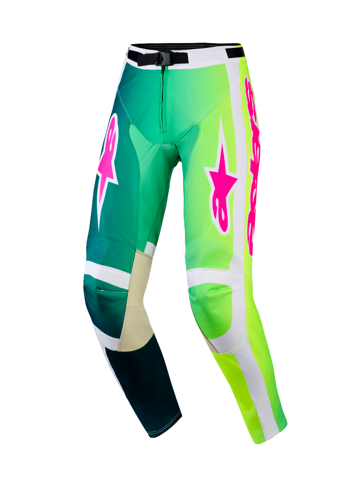 Alpinestars 2026 Racer Portl Hose, Motocross-Hose, Grün und Weiß mit leuchtend pinkfarbenen Logos, mit einem Farbverlauf von Blaugrün zu Neongrün, verstärkten Innenknien und einer sicheren Taillenschnalle für den Offroad-Rennsport.