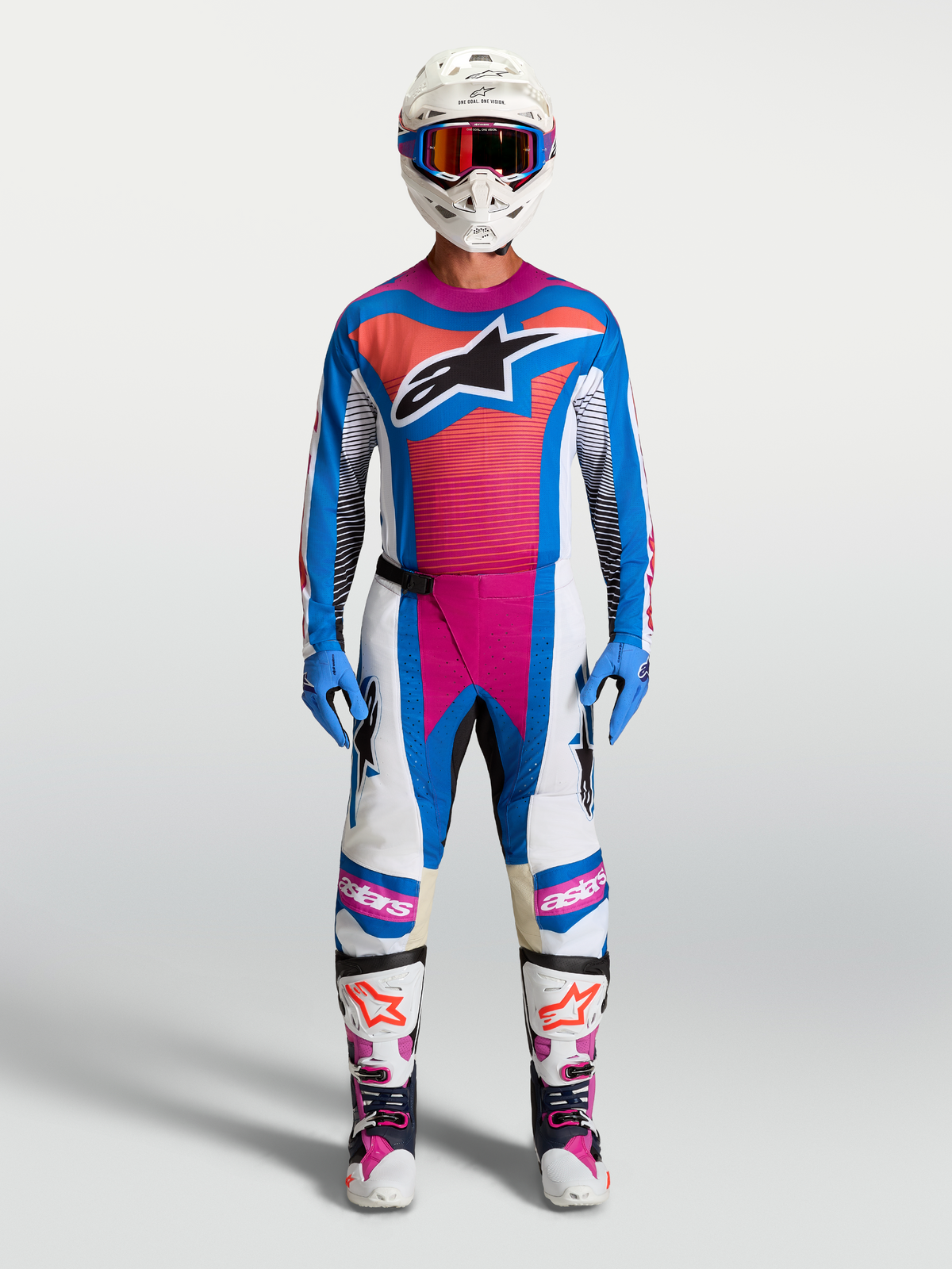 Alpinestars Techstar Maven Motocross-Ausrüstung, Weiß, Blau, Hot Coral, leichtgewichtiger, leistungsorientierter Rennschnitt.