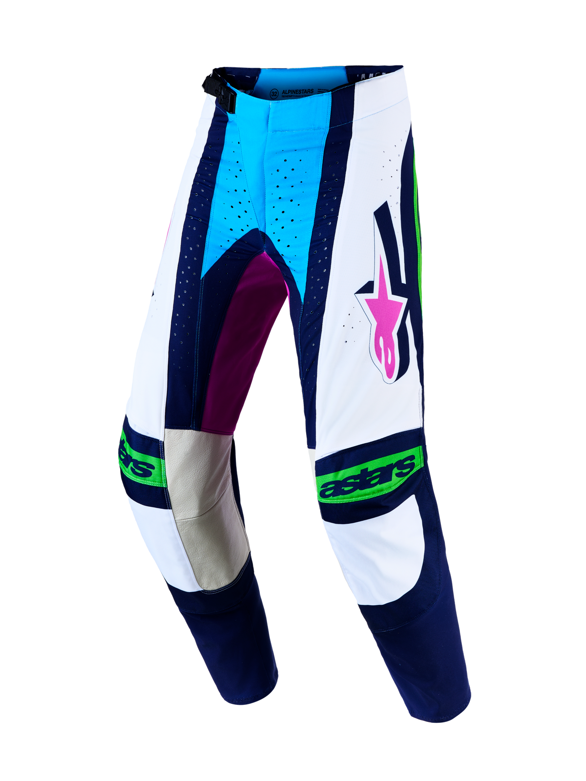 Alpinestars Techstar Maven Motocross-Hose, Herren, Weiß und Blau, Leder-Knieeinsätze, athletische Rennpassform.