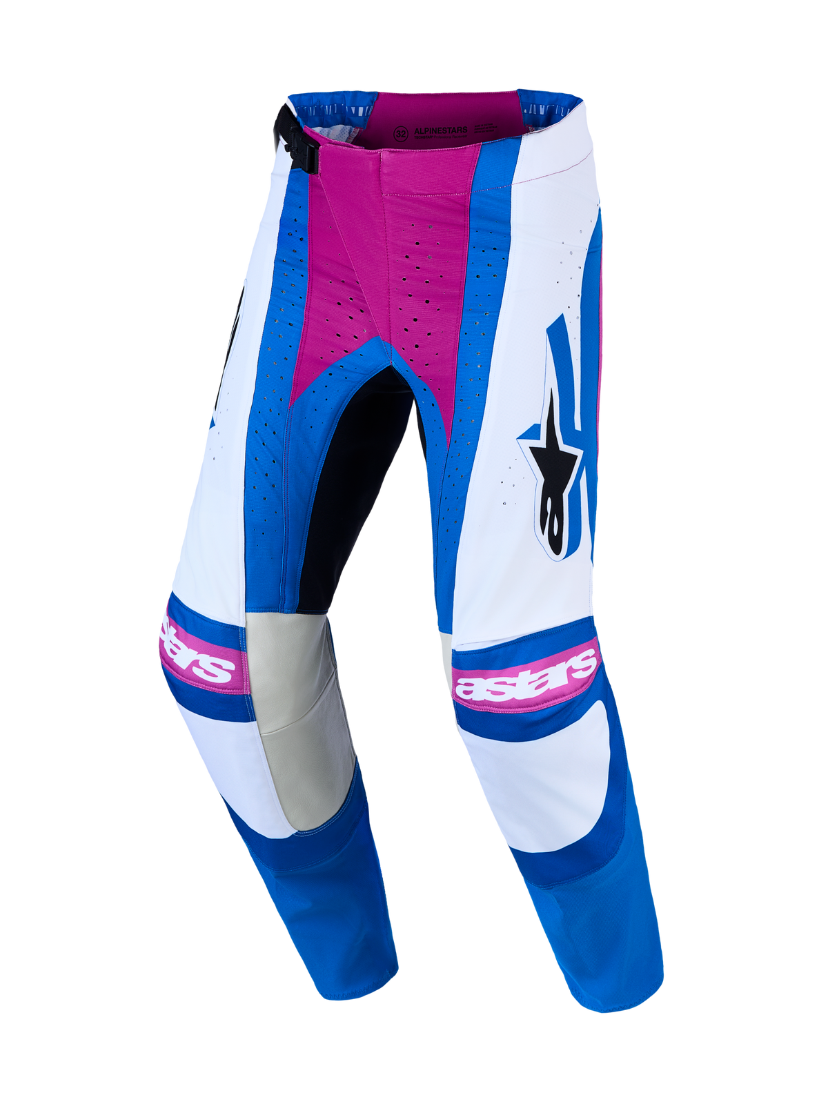 Alpinestars Techstar Maven Hose, Motocross-Hose für Herren, Weiß und Blau mit Akzenten in Hot Coral, Laserperforationen und strapazierfähigem 600D-Polygewebe.