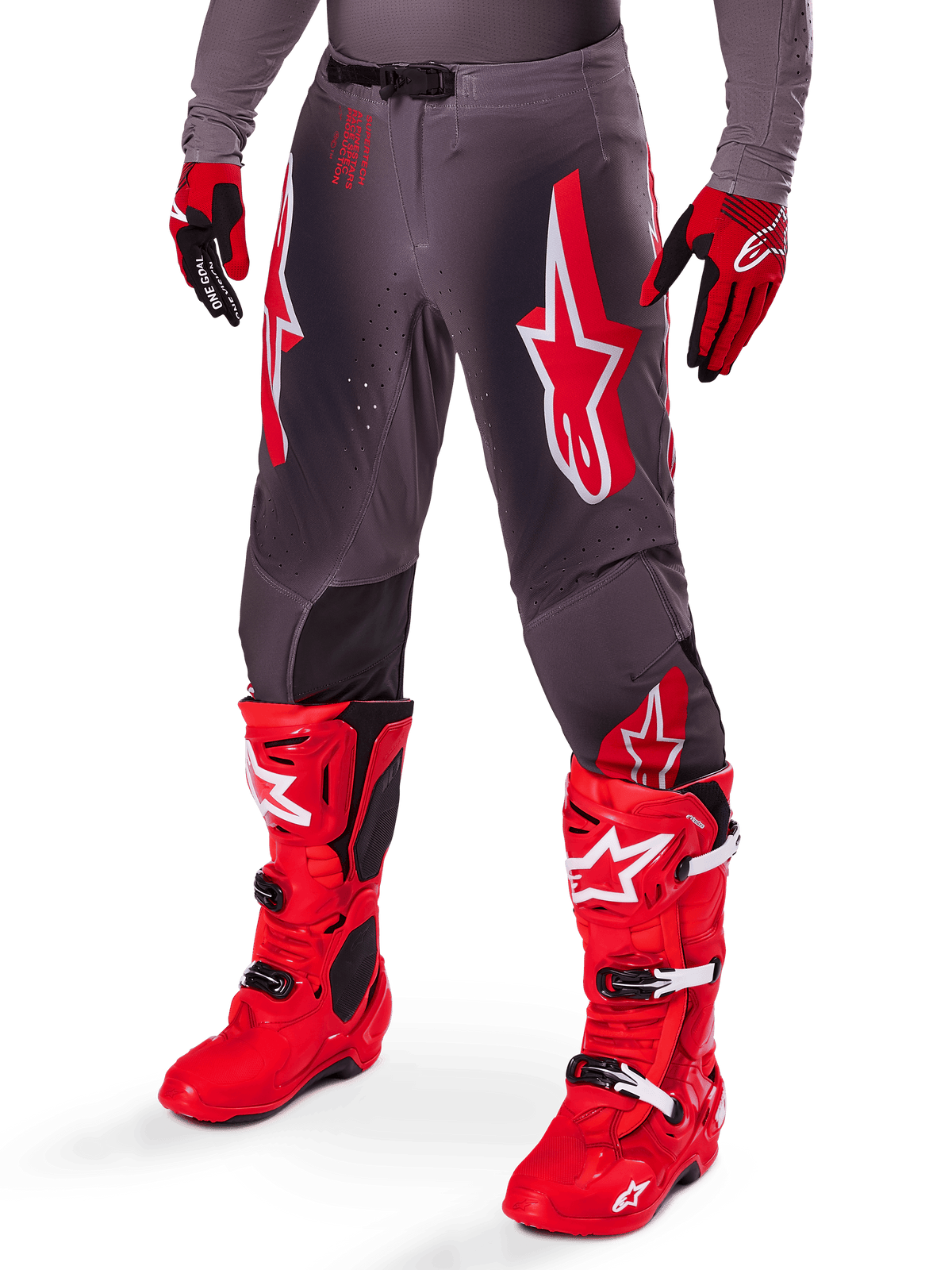 Alpinestars 2025 Supertech Lipan Gear Set, Grey Motocross Pants with bold red and white star logos, paired with bright red performance boots and red and black gloves, designed for pro-level racing