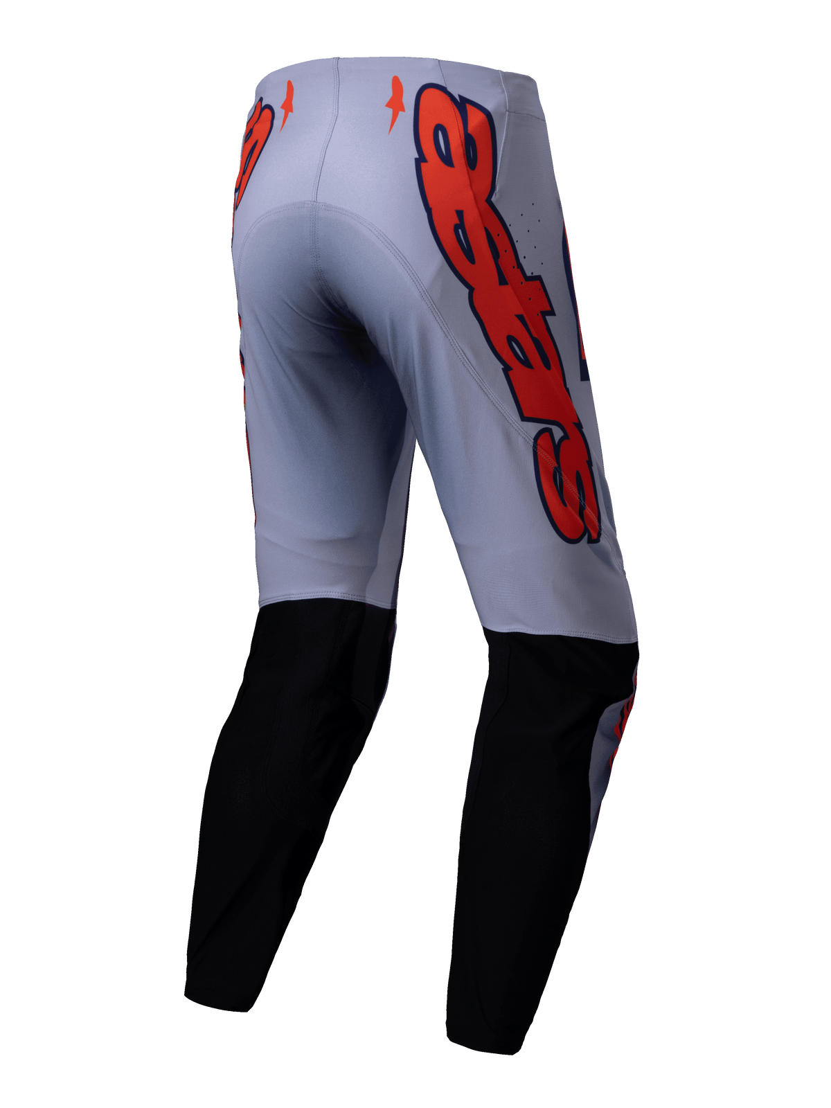 Alpinestars 2025 Supertech Lipan Hose, Motocross-Hose, Grau und Orange Fluo, Rückansicht mit schwarzen Einsätzen an den Unterschenkeln und großen orangefarbenen Alpinestars Logo-Grafiken an den Hüften, athletische Passform für den Offroad-Rennsport