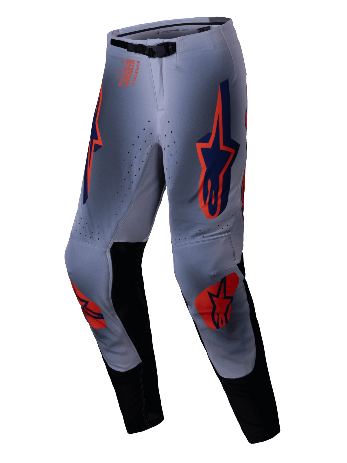 Alpinestars 2025 Supertech Lipan Hose, Motocross-Hose, Grau und Orange Fluo, mit leuchtend orangefarbenen und marineblauen Stern-Logos auf den Oberschenkeln und Knien, schwarzen Einsätzen an der Beininnenseite und verstellbarem Bund, entwickelt für Pro-Level Offroad-Performance.